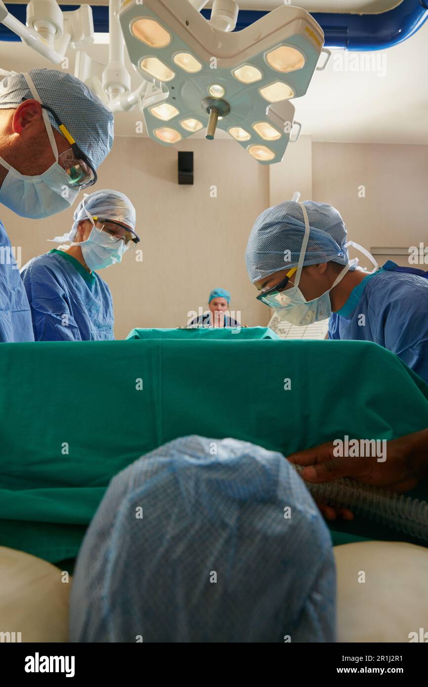 Passando sotto il coltello. un team di chirurghi che eseguono un intervento chirurgico in una sala operatoria. Foto Stock