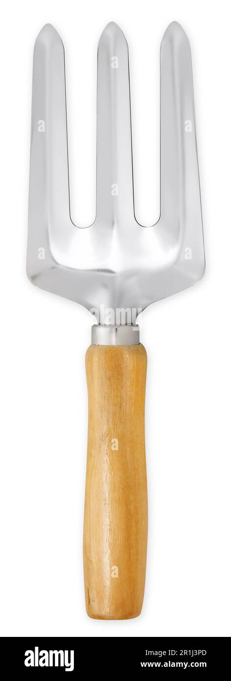Utensile a forchetta per pinzatrice da giardino con manico in legno per lavori di piantatura e diserbatura, pacciamatura, trapianto, coltivazione del terreno intorno alle piante da giardinaggio e. Foto Stock