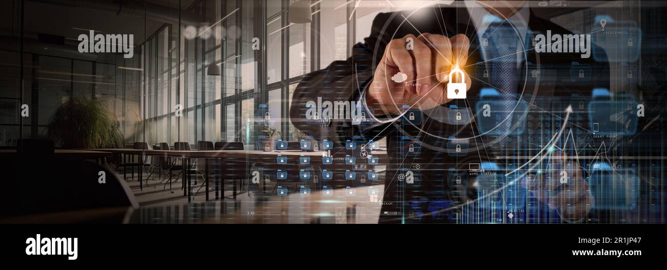 Sicurezza informatica protezione dei dati rete di computer online e sicurezza archiviazione cloud trasferimento condivisione internet banking finanziario e personale utente privacy Foto Stock