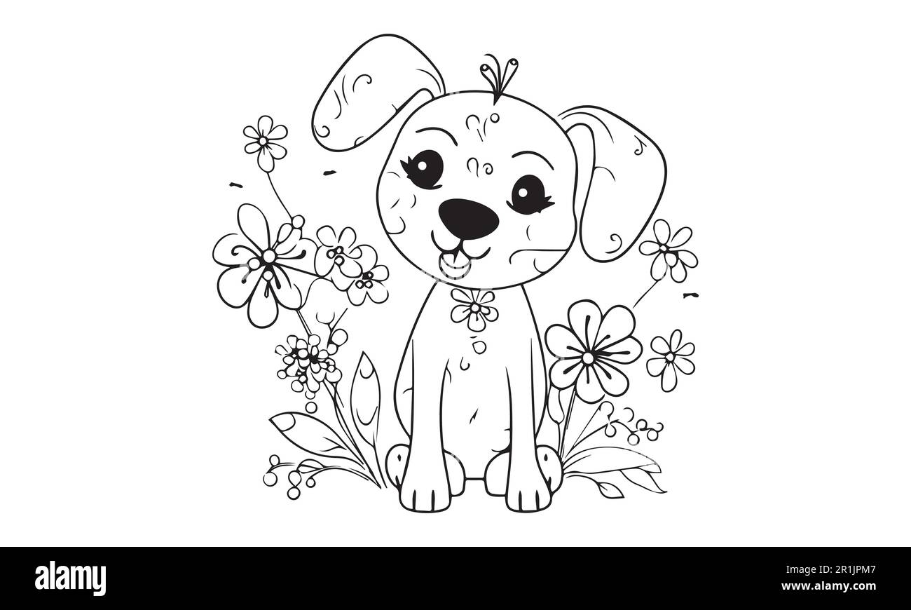 Un cane cute siede con le pagine del libro di colorazione di fondo del fiore. Illustrazione Vettoriale