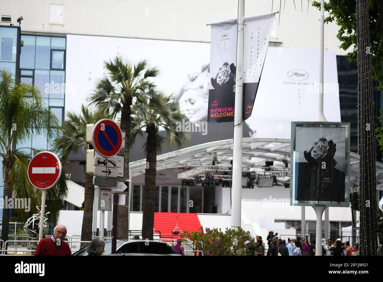 Cannes, Francia. 14th maggio, 2023. Preparativi per il Festival Internazionale del Cinema di Cannes 76th, Palais des Festivals et des Congres, la Croisette, Cannes, Francia il 14 maggio 2023. (Foto di Lionel Urman/Sipa USA) Credit: Sipa USA/Alamy Live News Foto Stock