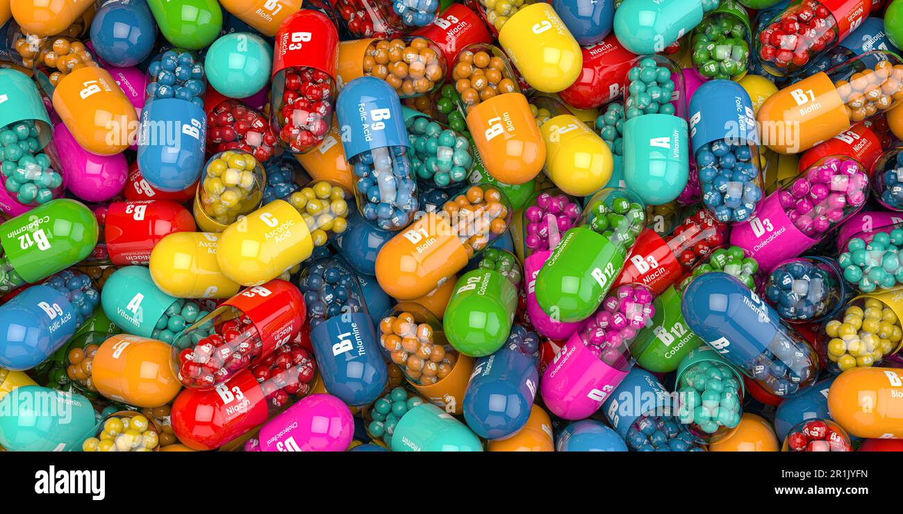 Mucchio di varie capsule di vitamina. Integratori alimentari e nutrizionali per un'alimentazione sana. illustrazione 3d Foto Stock