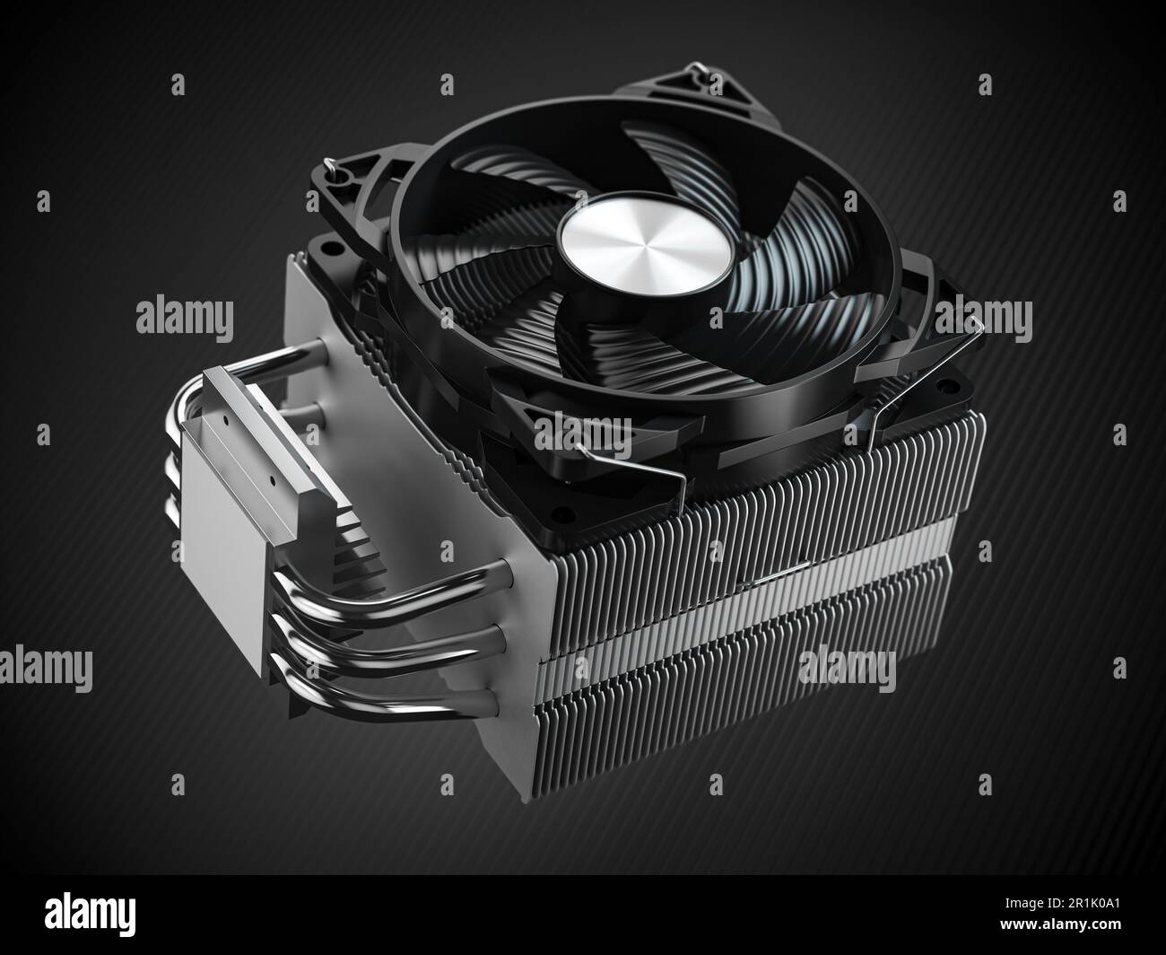 Radiatore CPU con tubi di calore su sfondo nero. illustrazione 3d Foto Stock