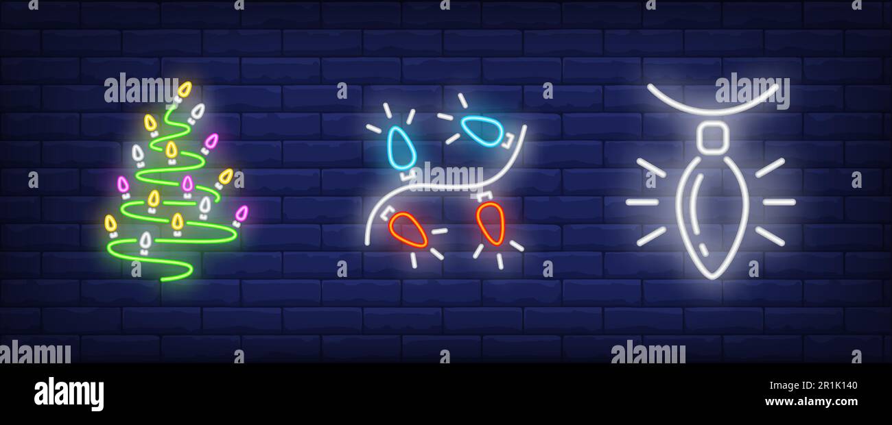 Set di segni natalizi al neon Illustrazione Vettoriale