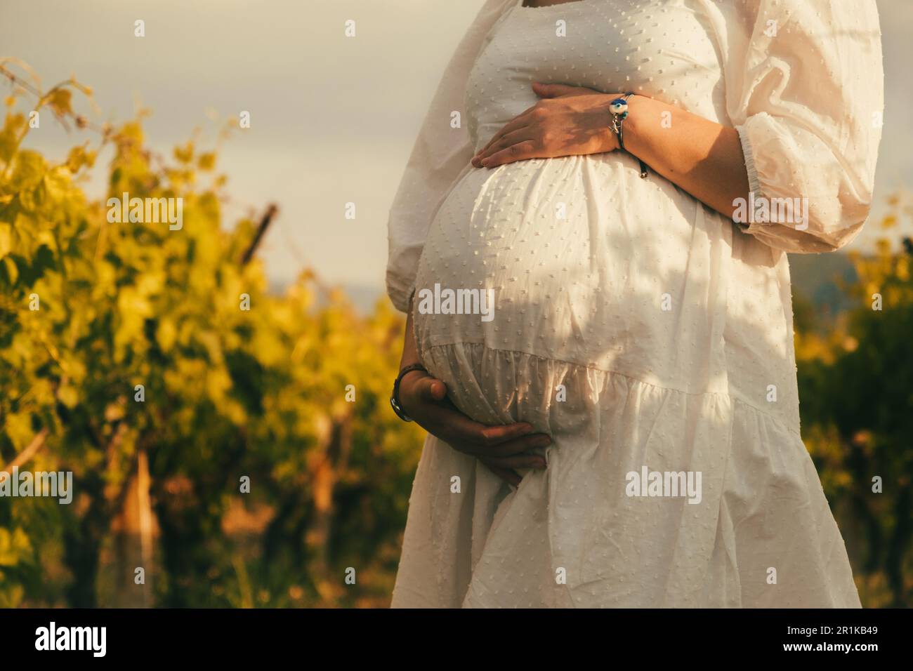 Un primo piano di una donna incinta in un vestito bianco, cullandola dolcemente il ventre nella serena cornice di una vigna, incarnando anticipazione e maternità. Foto Stock