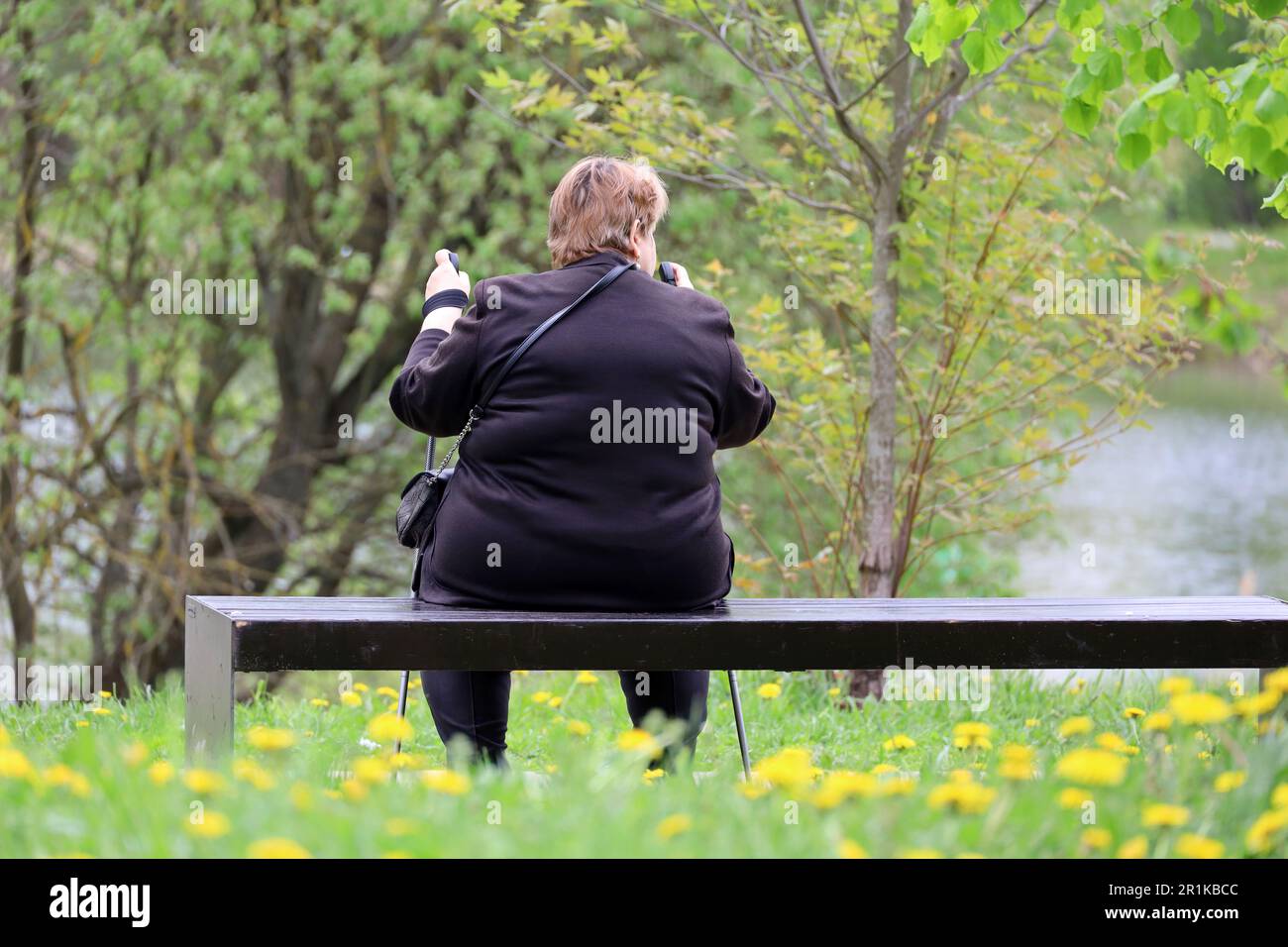 Donna grassa seduta con canne a piedi su una panchina in un parco. Stile di vita sano in età avanzata, nordic walking Foto Stock