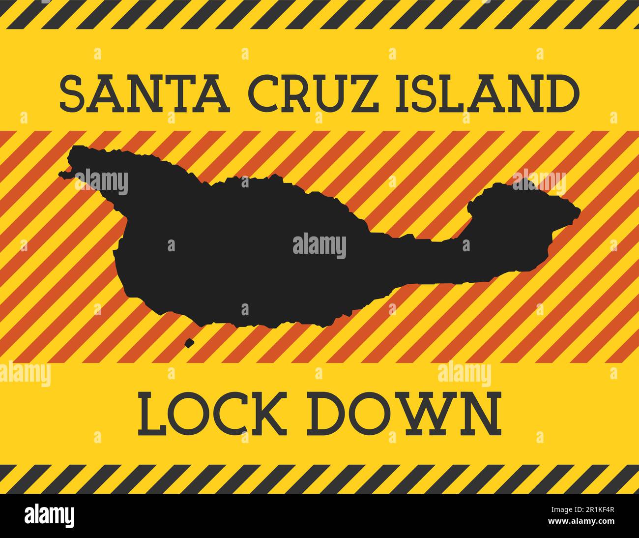 Cartello di blocco dell'isola di Santa Cruz. Icona gialla di pericolo pandemico dell'isola. Illustrazione vettoriale. Illustrazione Vettoriale