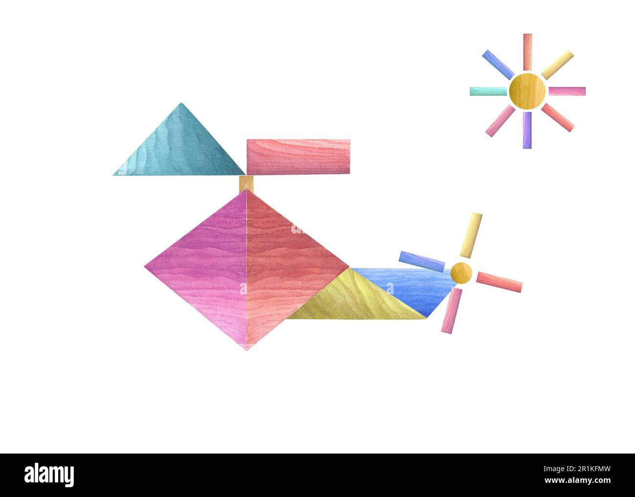 Elicottero Childrenncolor e sole modellati da blocchi di legno isolati su sfondo bianco. Illustrazione in acquerello per la progettazione di cartoline Foto Stock