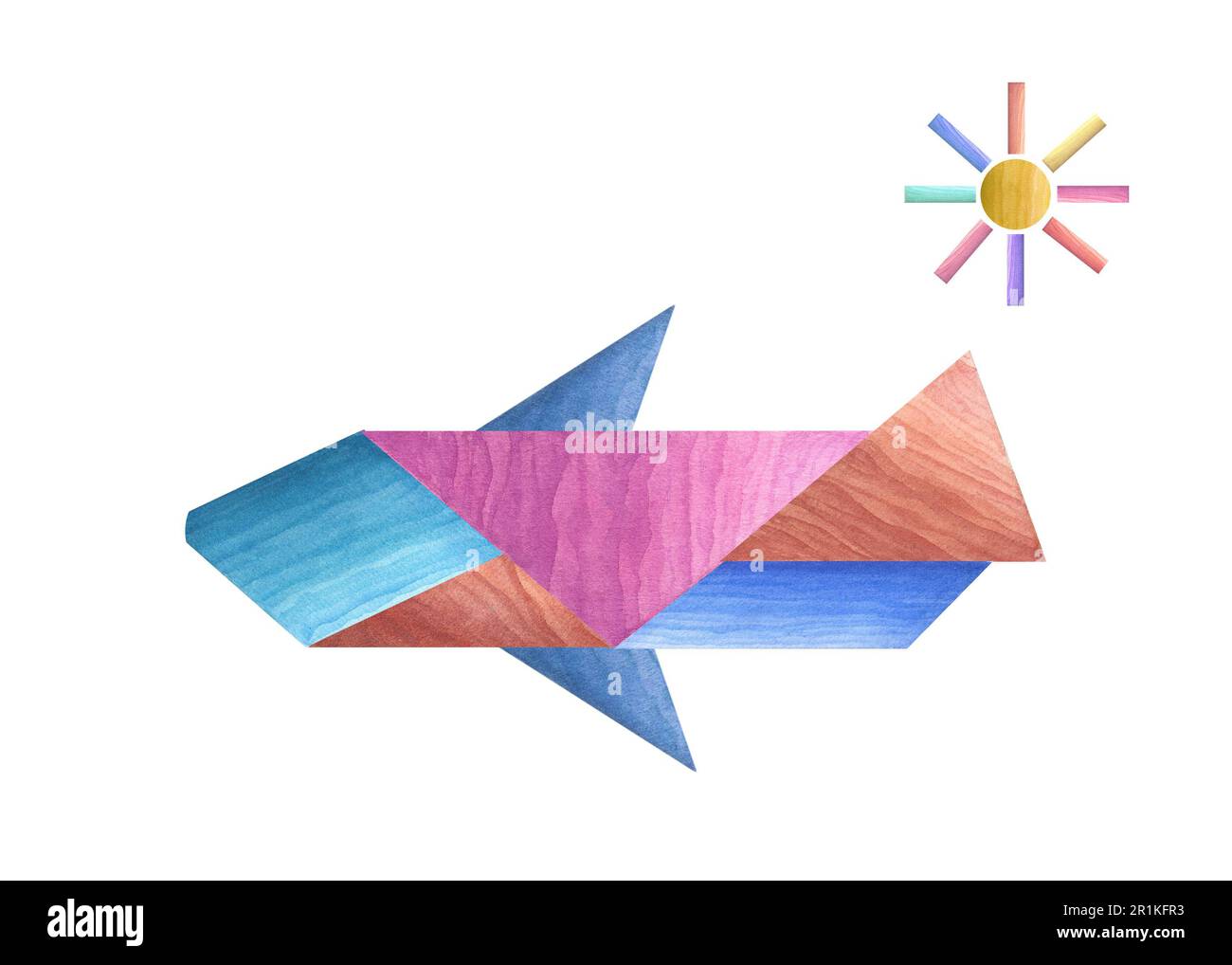 Bambini aeroplano e sole da mattoni di legno colorato isolato su sfondo bianco. Illustrazione acquerello per il disegno di cartolina, saluti Foto Stock