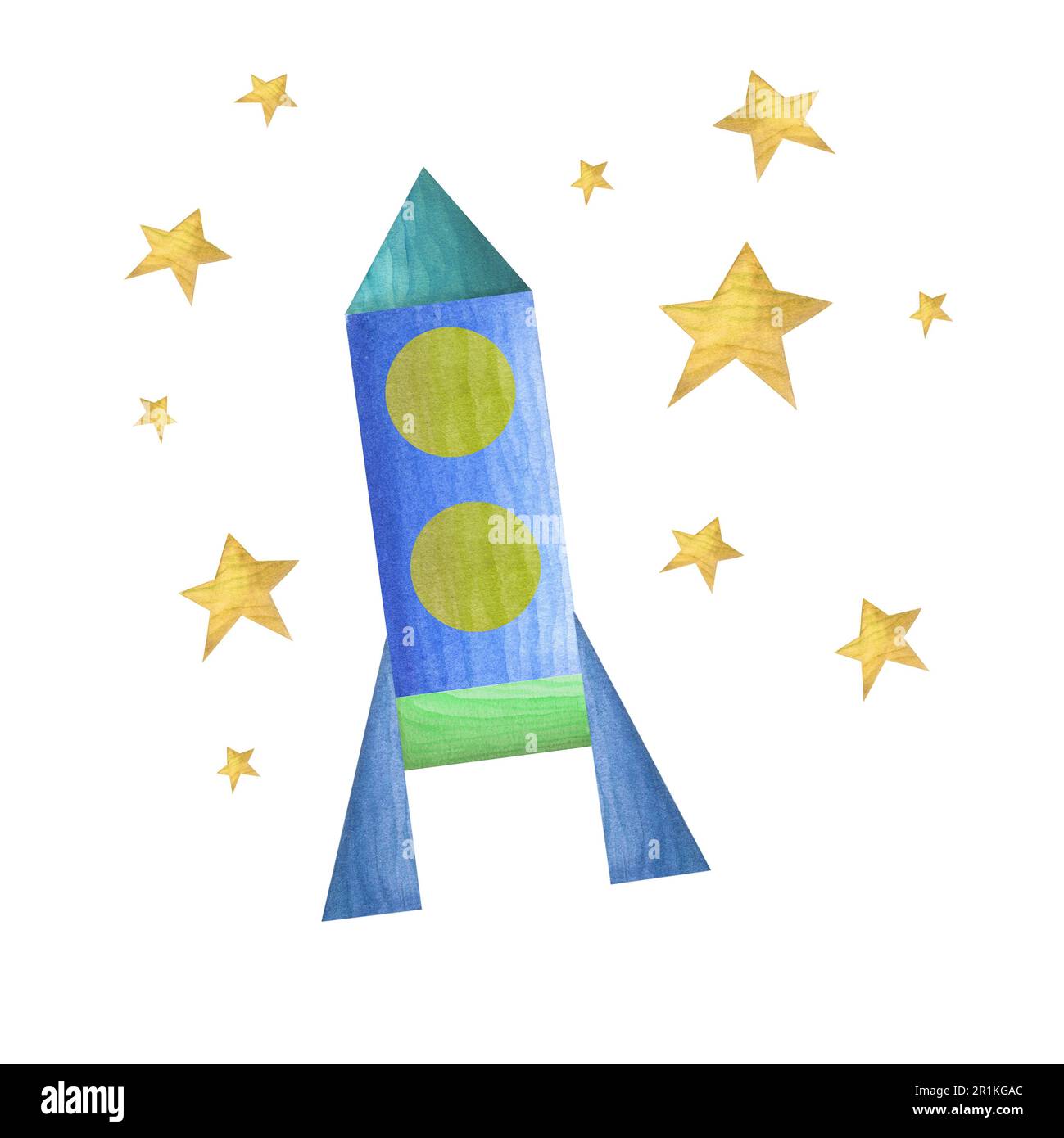 Razzo spaziale che vola tra le stelle da mattoni di legno colorato isolato su sfondo bianco. Illustrazione acquerello per il disegno delle schede dei bambini Foto Stock