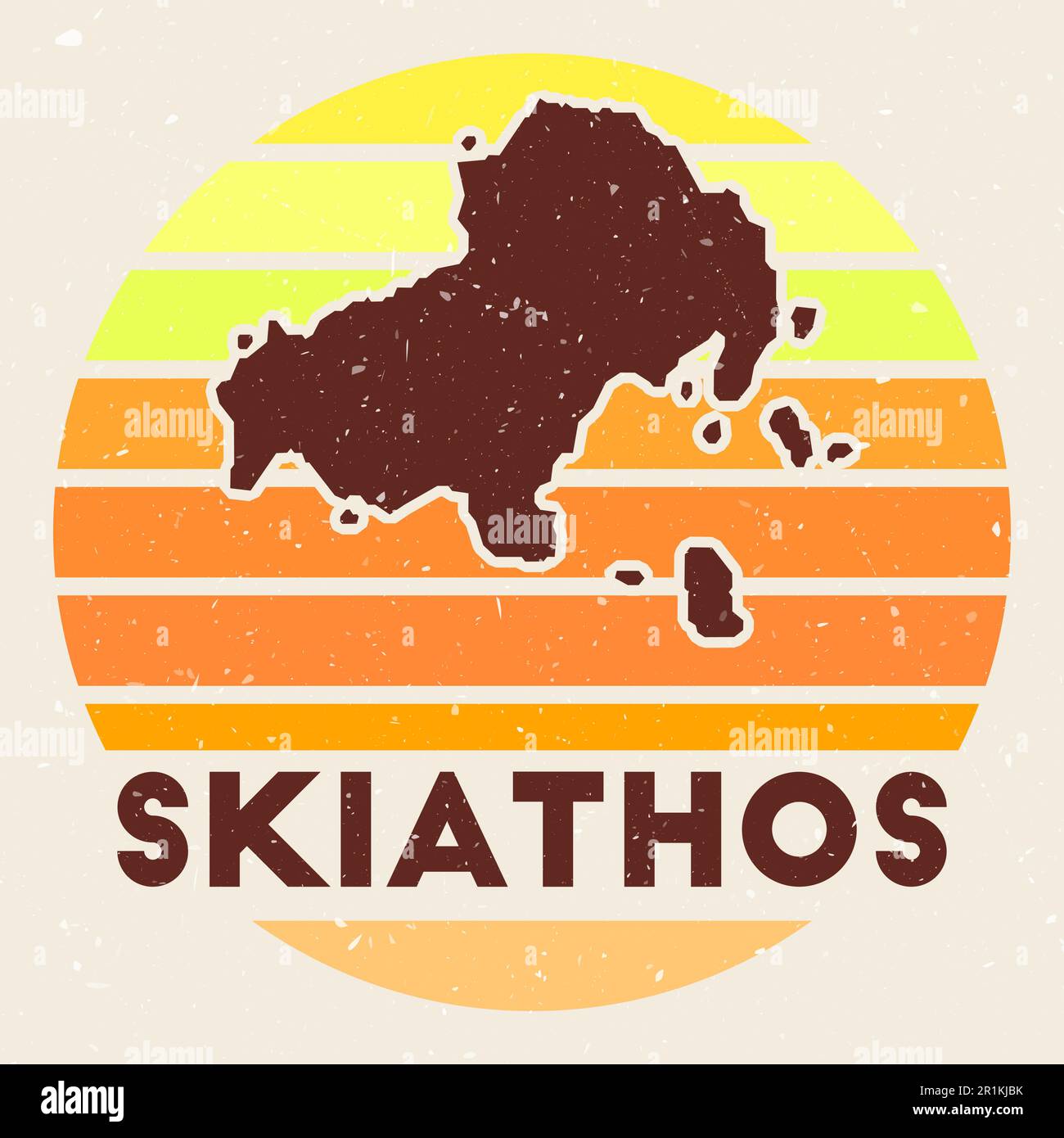Logo Skiathos. Firma con la mappa dell'isola e strisce colorate, illustrazione vettoriale. Illustrazione Vettoriale