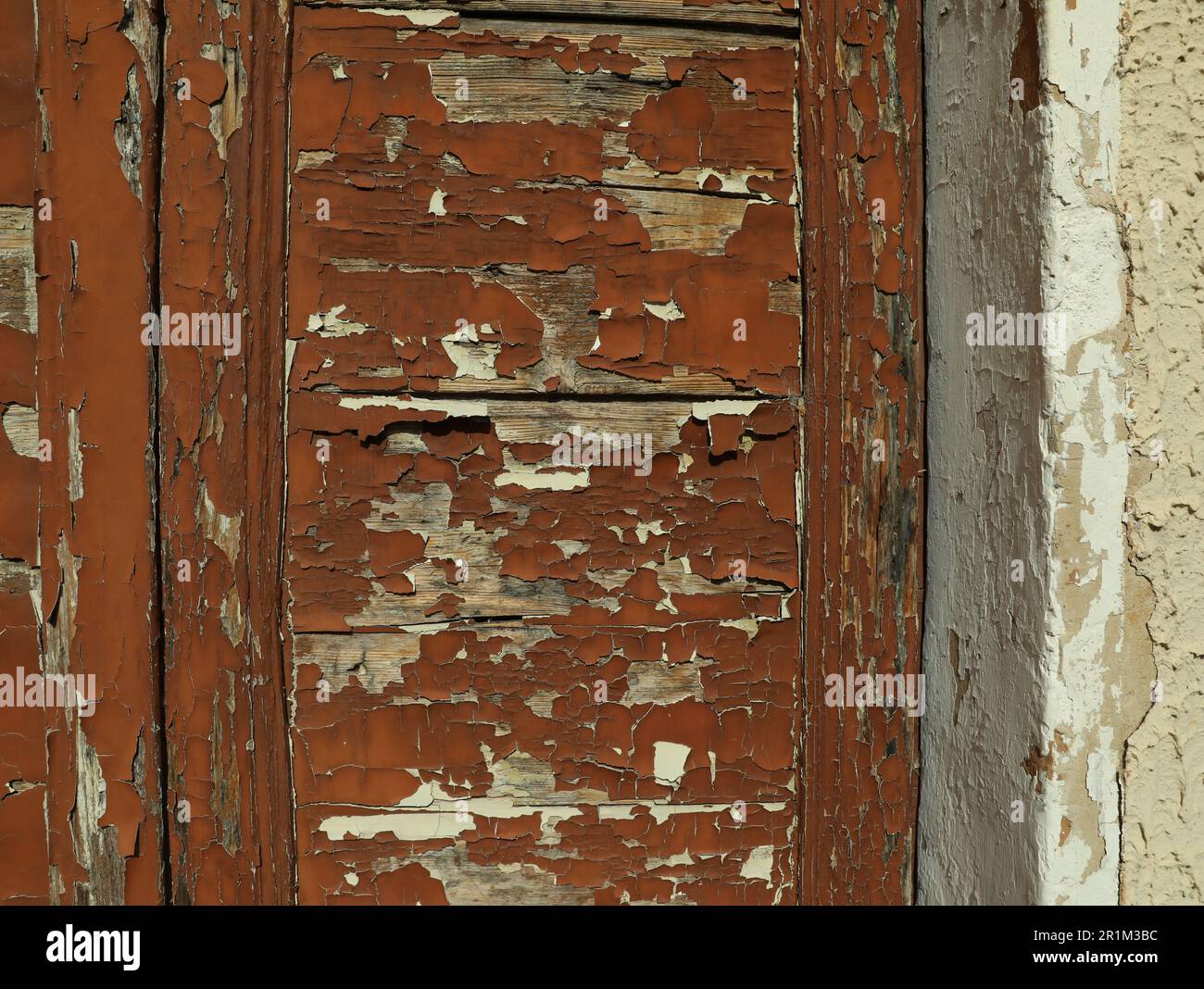 Vecchia porta con vernice shabby all'aperto, primo piano Foto Stock