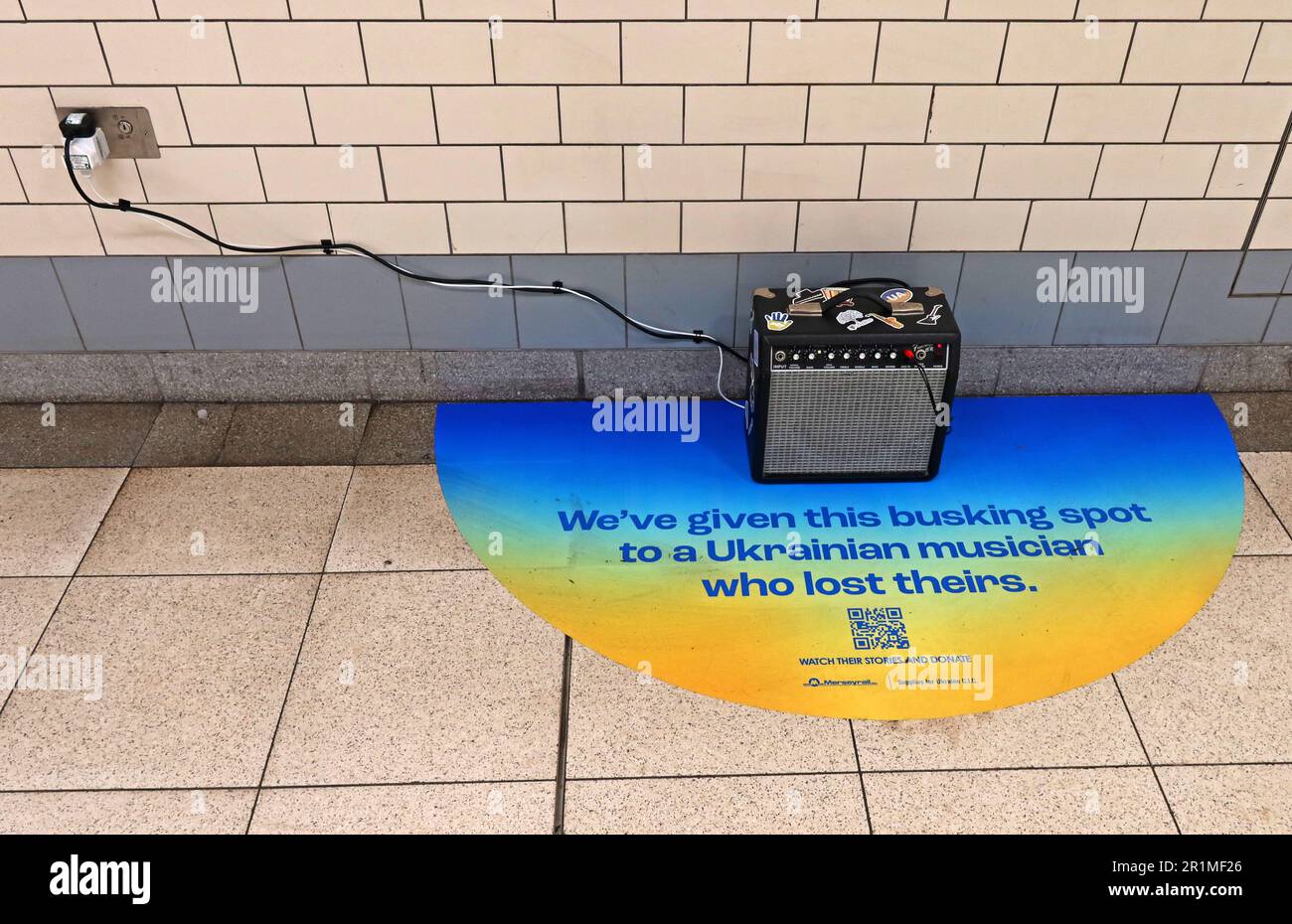 Empty Busking pitch, Central station, Eurovision song contest, City centre Liverpool, Merseyside, INGHILTERRA, REGNO UNITO, L1 1JT Foto Stock