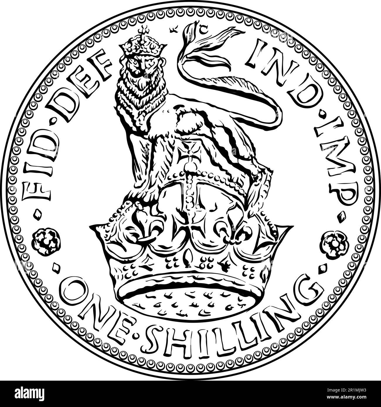 Moneta britannica uno scellino con leone araldico e corona, bianco e nero Illustrazione Vettoriale