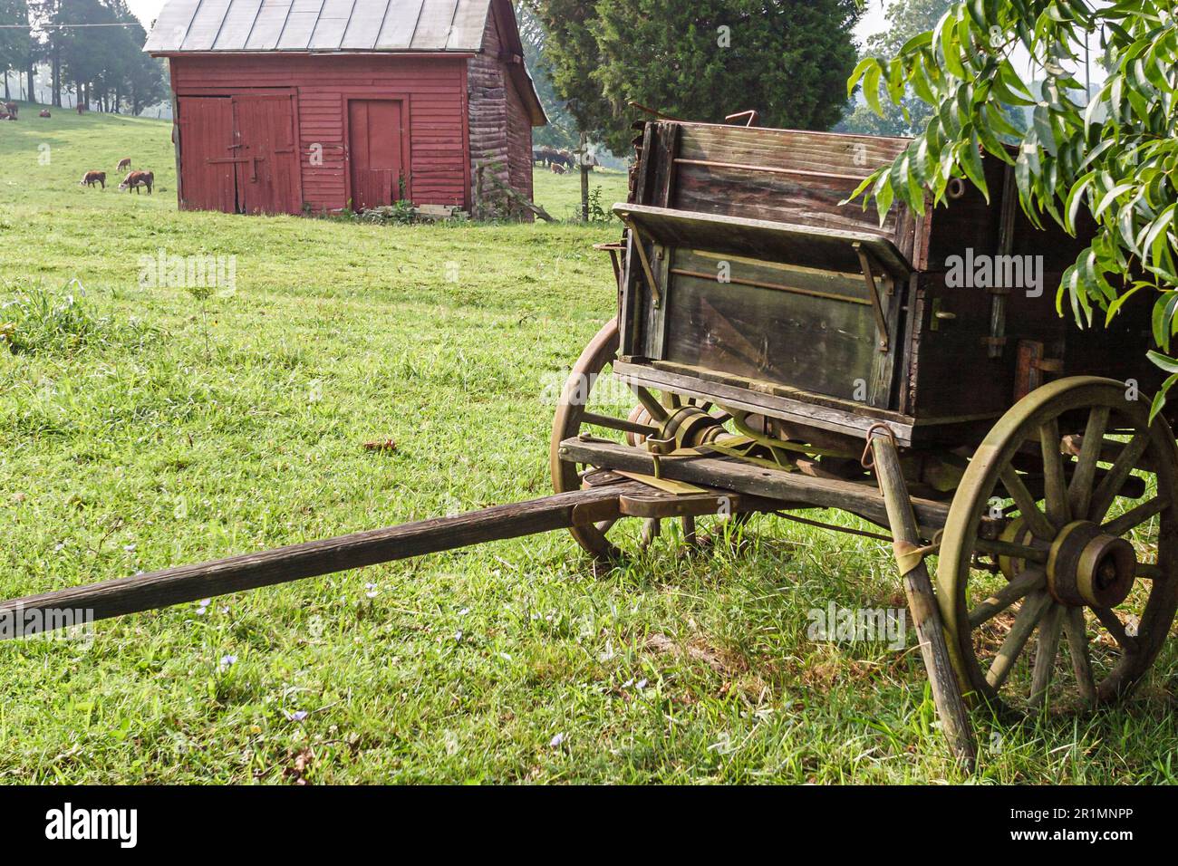 Sevierville Tennessee, rosso fienile rurale stile di vita paese rustico scenario scena, carro carrello Foto Stock