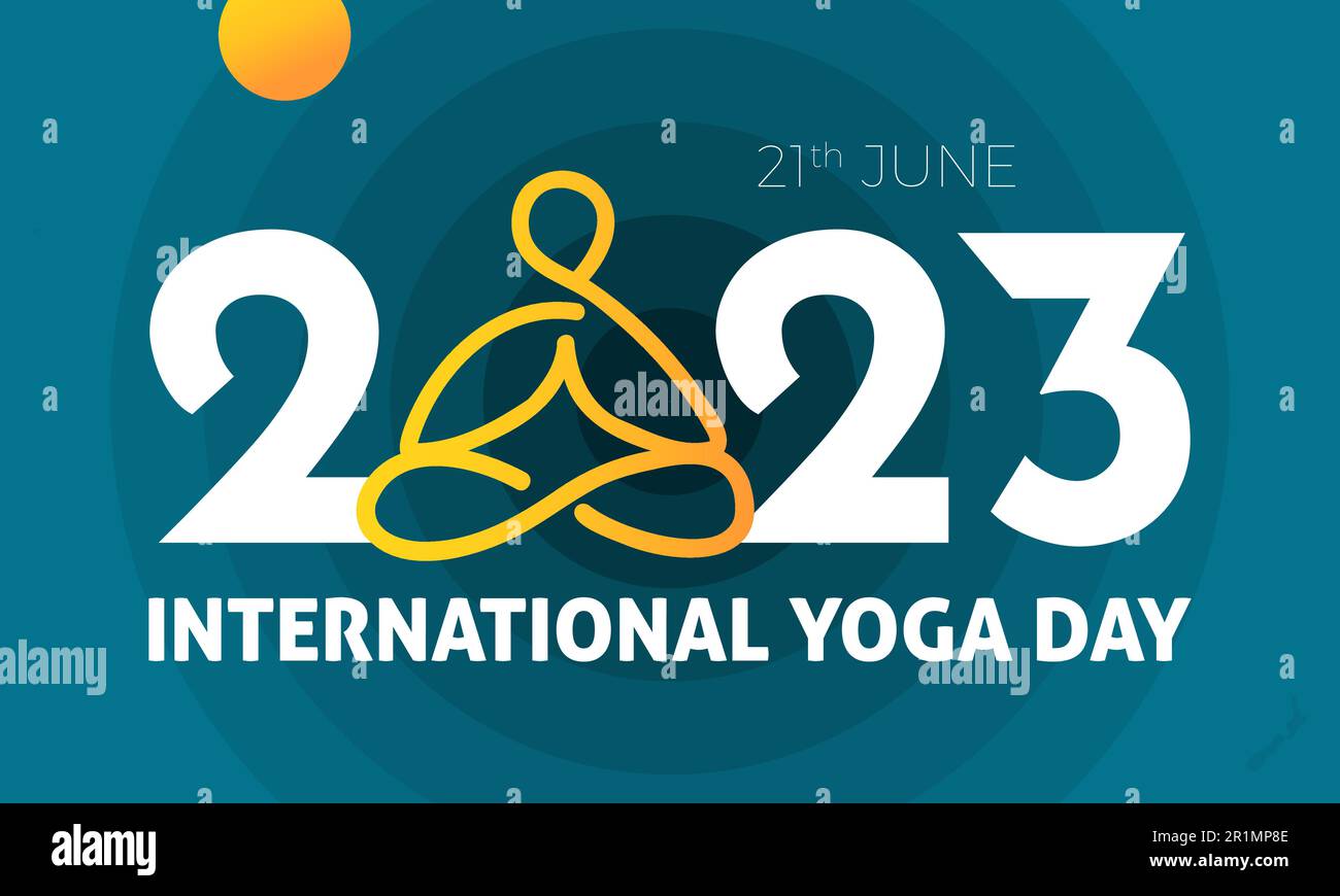2023° concetto Giornata Internazionale dello Yoga forma fisica sana con modello di banner vettoriale per farmaci da esercizio Illustrazione Vettoriale