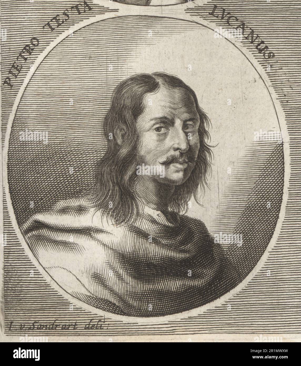 Pietro testa, artista italiano dell'Alto Barocco attivo a Roma, 1611–1650. Meglio conosciuto come printmaker e disegnatore. Nato a Lucca e conosciuto come il Lucchesino. Pietro testa Lucanus. Incisione su copperplate di Philipp Kilian dopo un'illustrazione di Joachim von Sandrart dalla sua Academia Todesca, della Architectura, scultura & Pittura, oder Teutsche Academie, der Edlen Bau- Bild- und Mahlerey-Kunste, Accademia tedesca di architettura, scultura e pittura, Jacob von Sandrart, Norimberga, 1675. Foto Stock