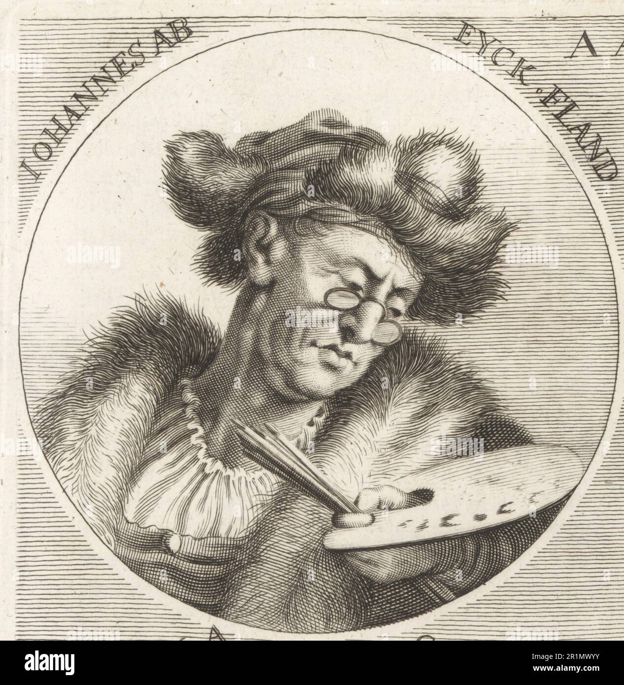 Jan van Eyck, pittore fiammingo attivo a Bruges, c.1390-1441. Chi fu uno dei primi innovatori di quella che divenne nota come la pittura dell'Olanda e uno dei più significativi rappresentanti dell'arte del primo Rinascimento del Nord Johannes ab Eyck Fland. Incisione su copperplate di Philipp Kilian dopo un'illustrazione di Joachim von Sandrart dalla sua Academia Todesca, della Architectura, scultura & Pittura, oder Teutsche Academie, der Edlen Bau- Bild- und Mahlerey-Kunste, Accademia tedesca di architettura, scultura e pittura, Jacob von Sandrart, Norimberga, 1675. Foto Stock