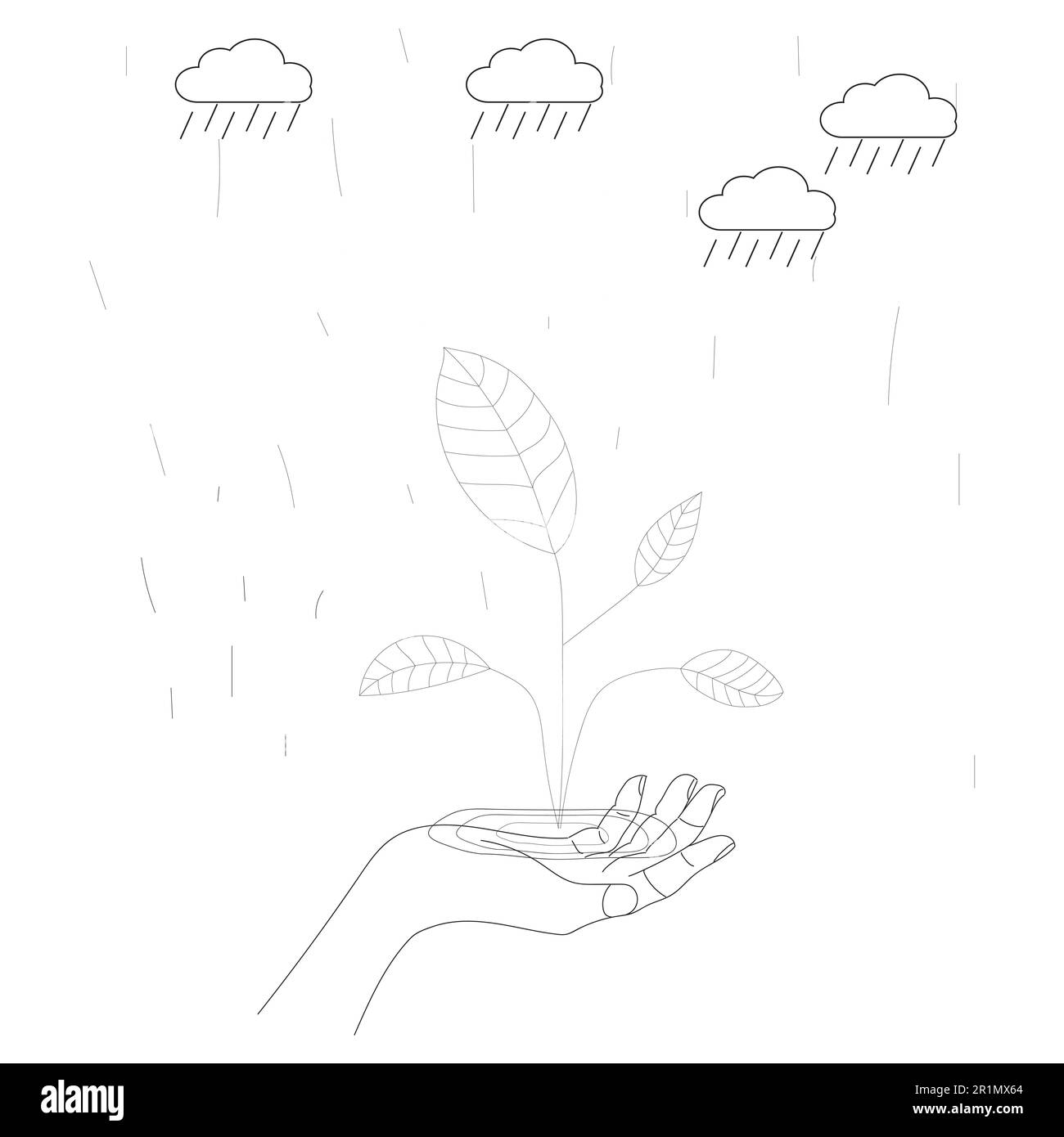mani umane tenendo il globo della terra con albero, sole, nube di pioggia, linea o doodle, disegno della mano in bianco e nero, ecologia del pianeta della terra degli ambientatori del mondo Foto Stock