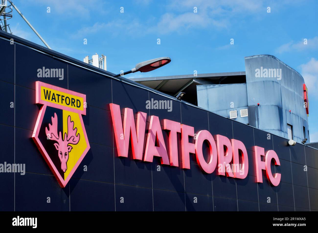Stadio di calcio di Watford, Vicarage Road, Watford, Herts, Inghilterra, Regno Unito Foto Stock