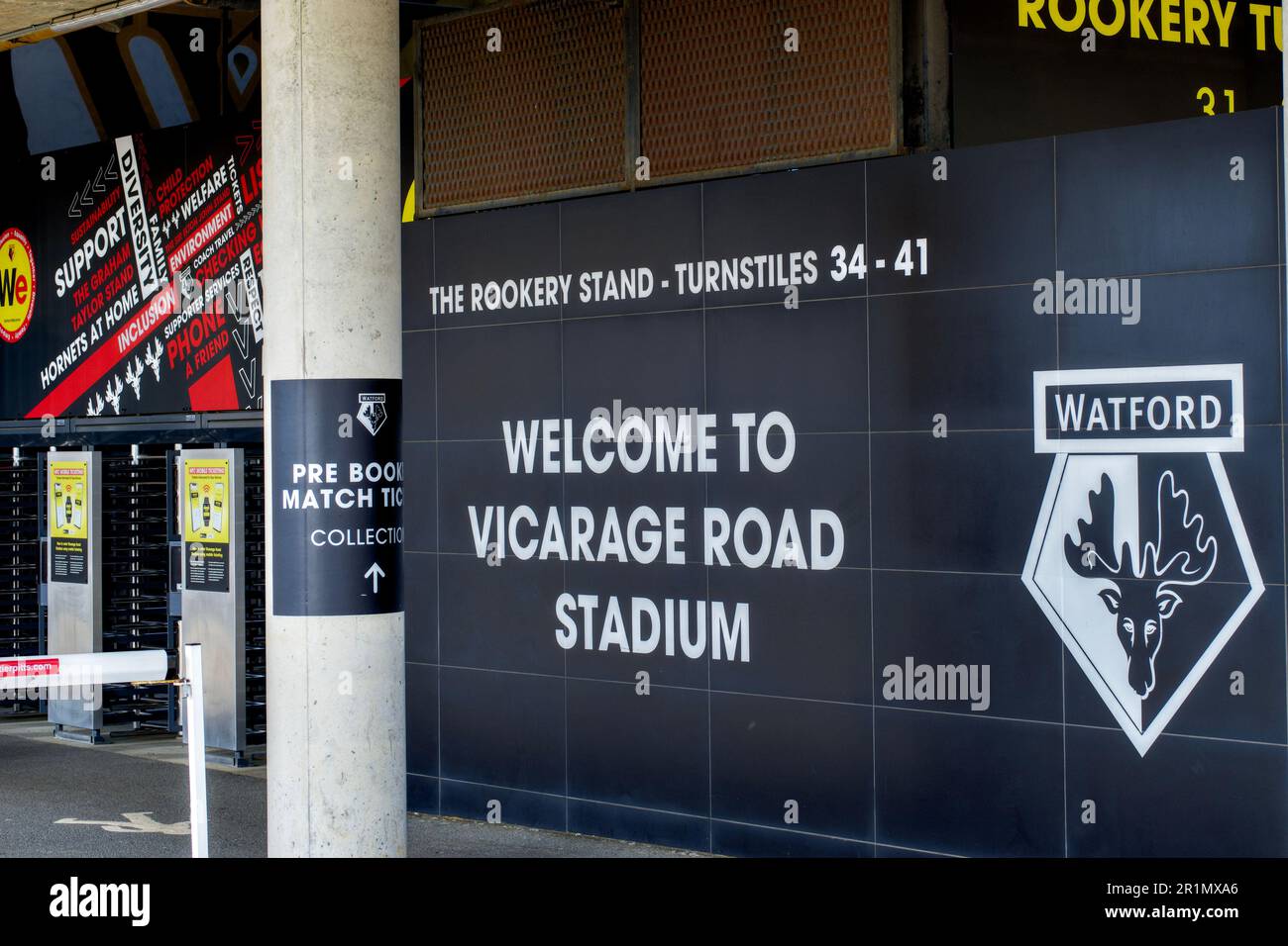 Stadio di calcio di Watford, Vicarage Road, Watford, Herts, Inghilterra, Regno Unito Foto Stock