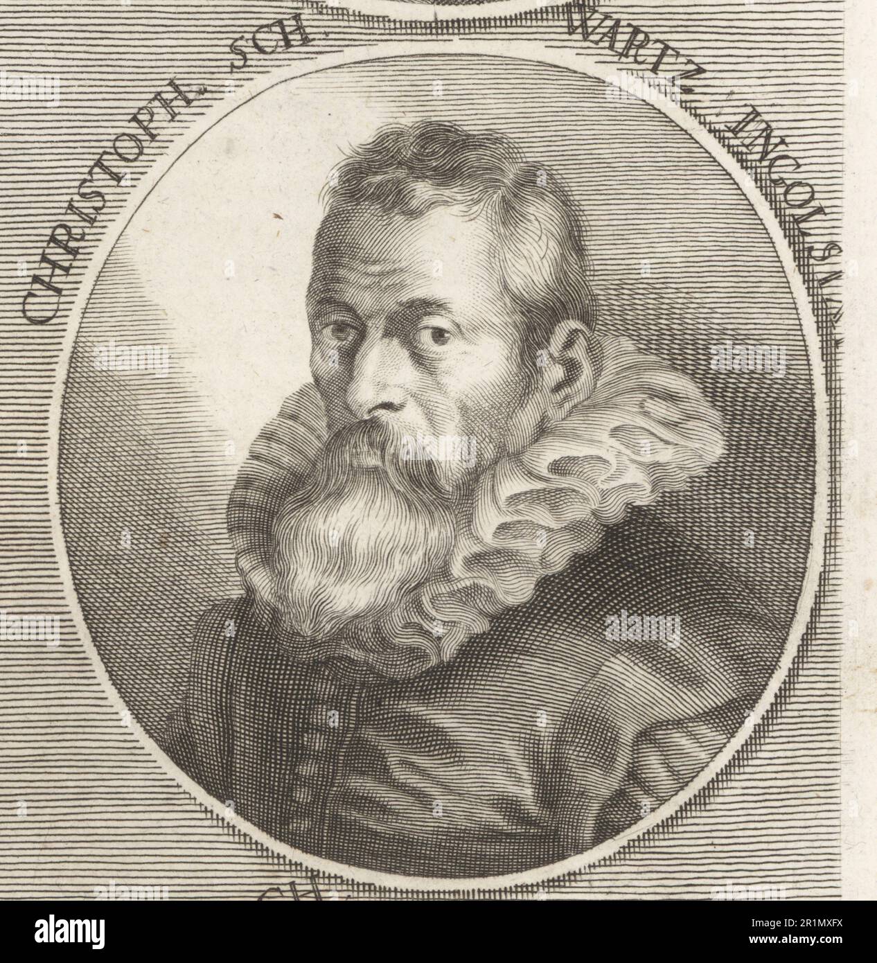 Christoph Schwartz, pittore di corte tedesco, nato a Ingolstadt, lavorò per Massimiliano i, Elettore di Baviera, c.1545-1592.. Cristoph Schwartz Ingolsus. Incisione su copperplate dopo un'illustrazione di Joachim von Sandrart dalla sua Academia Todesca, della architettura, scultura & Pittura, oder Teutsche Academie, der Edlen Bau- Bild- und Mahlerey-Kunste, Accademia tedesca di architettura, scultura e pittura, Jacob von Sandrart, Norimberga, 1675. Foto Stock