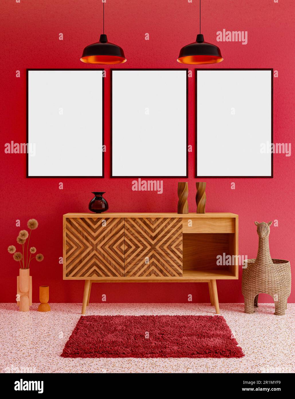 Cornice fotografica vuota mockup appeso su sfondo rosso parete. Arte, Poster Display. Interni moderni. Foto Stock