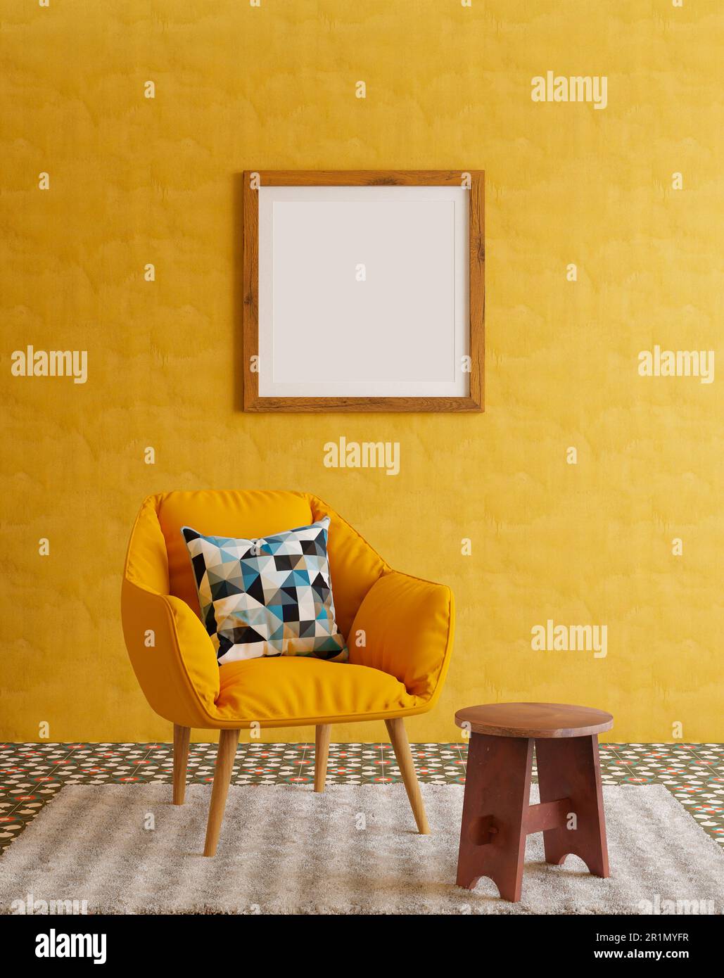 Vuota cornice foto di legno mockup appeso su sfondo giallo parete. Arte, Poster Display. Interni moderni. Foto Stock
