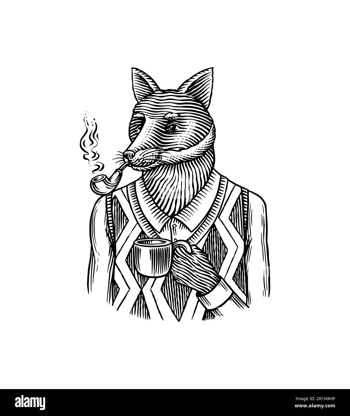 Personaggio Fox in tuta. Uomo di moda in un gilet con un tubo fumante e una tazza di caffè. Animale in retrò Abbigliamento. Stile di incisione vintage. Disegnato a mano Illustrazione Vettoriale