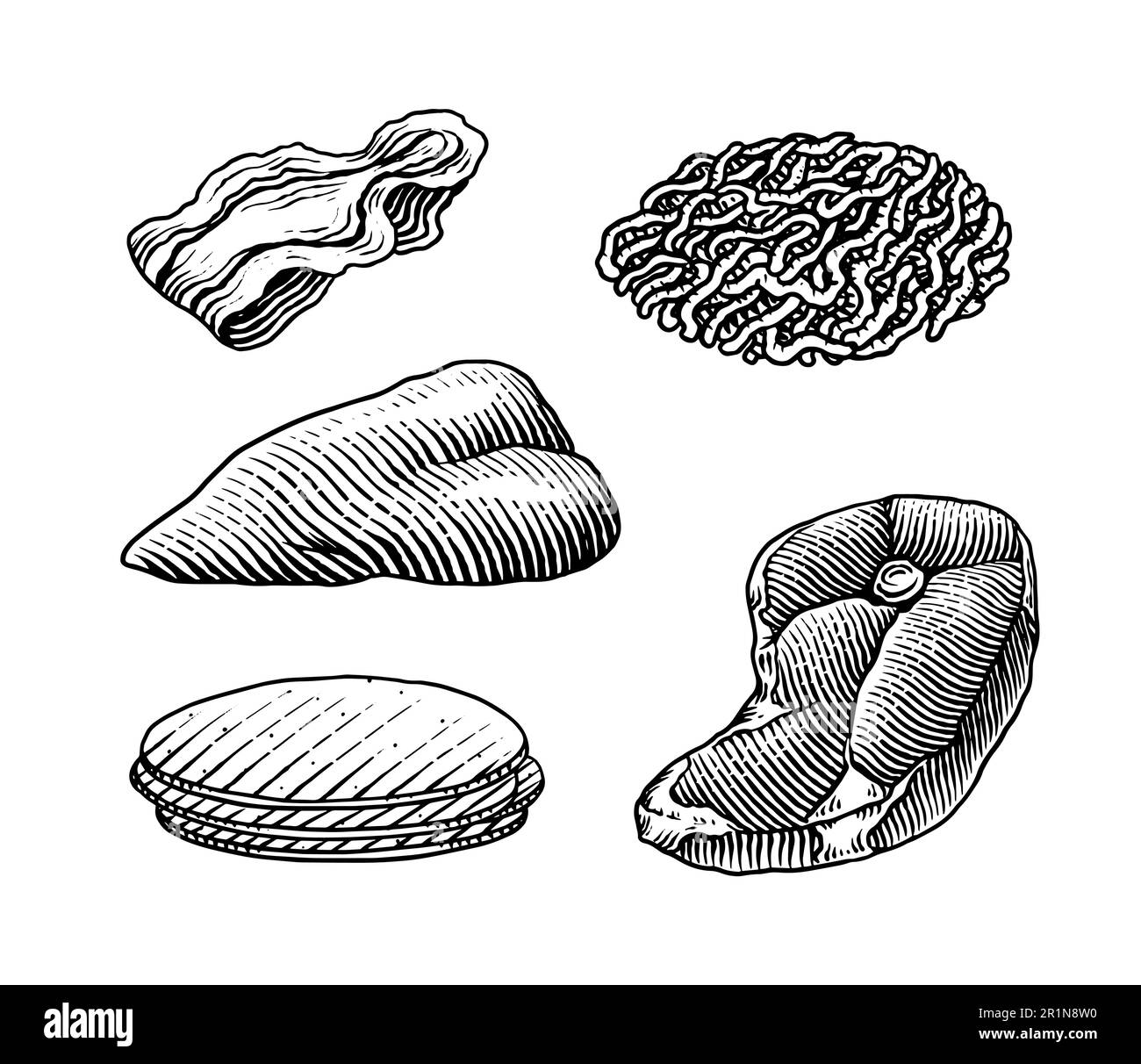 Prodotti a base di carne rossa. Manzo di vitello, costolette, pancetta, jamon, mortadella, Bistecca di manzo di agnello, salsiccia di maiale, controccia, bretella di macelleria alimentare disegnata a mano abbozzo vintage Illustrazione Vettoriale