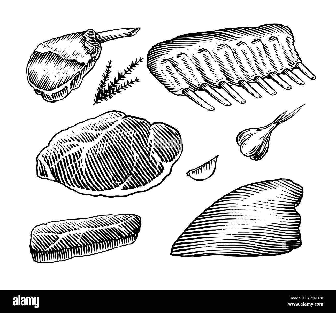 Prodotti a base di carne rossa. Manzo di vitello, costolette, pancetta, jamon, mortadella, Bistecca di manzo di agnello, salsiccia di maiale, controccia, bretella di macelleria alimentare disegnata a mano abbozzo vintage Illustrazione Vettoriale