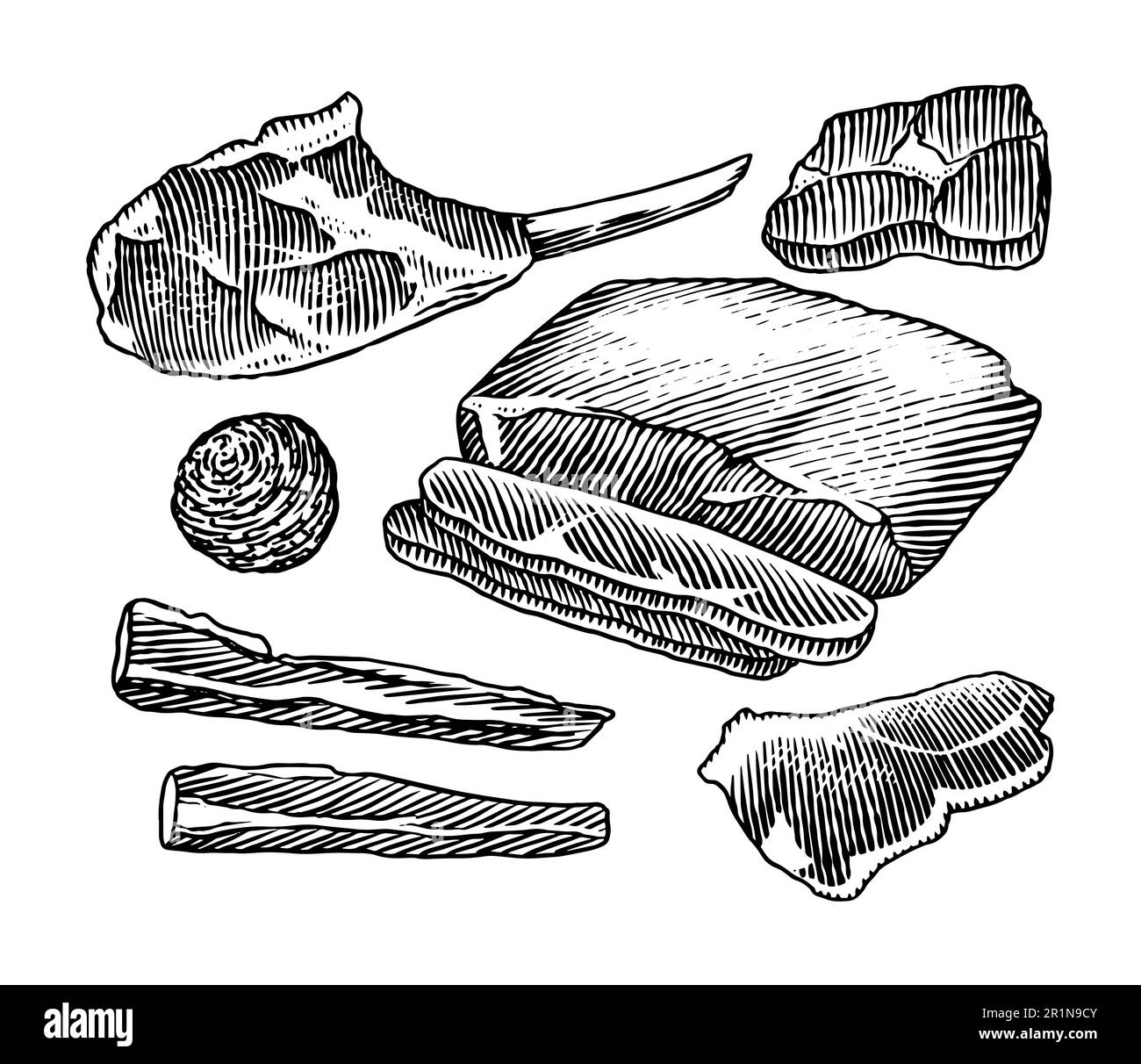 Prodotti a base di carne rossa. Manzo di vitello, costolette, pancetta, jamon, mortadella, Bistecca di manzo di agnello, salsiccia di maiale, controccia, bretella di macelleria alimentare disegnata a mano abbozzo vintage Illustrazione Vettoriale
