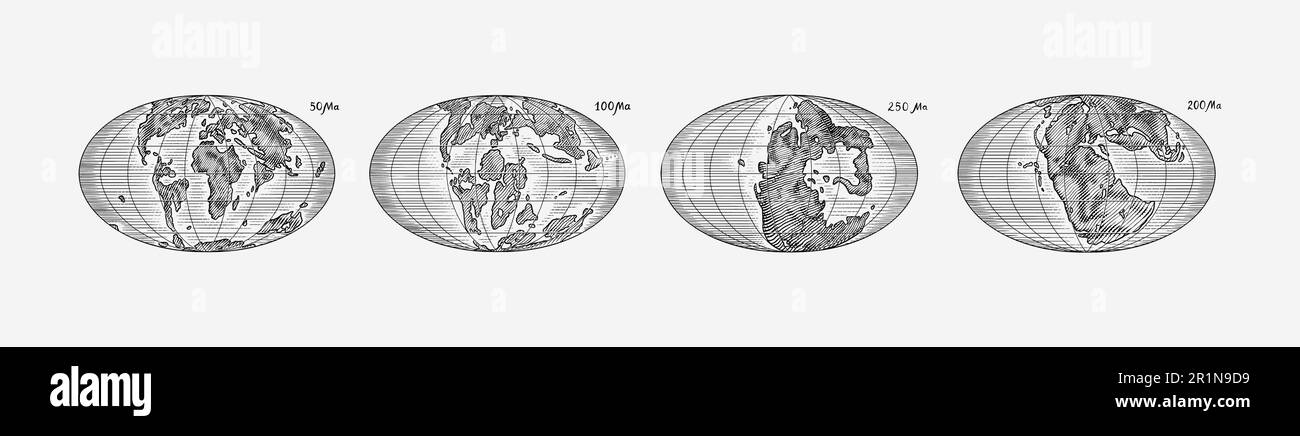 Tecniche della piastra sul pianeta Terra. Pangaea. Deriva continentale. Supercontinente a 250 ma. Era dei dinosauri. Periodo giurassico. Mesozoico. Disegnato a mano Illustrazione Vettoriale