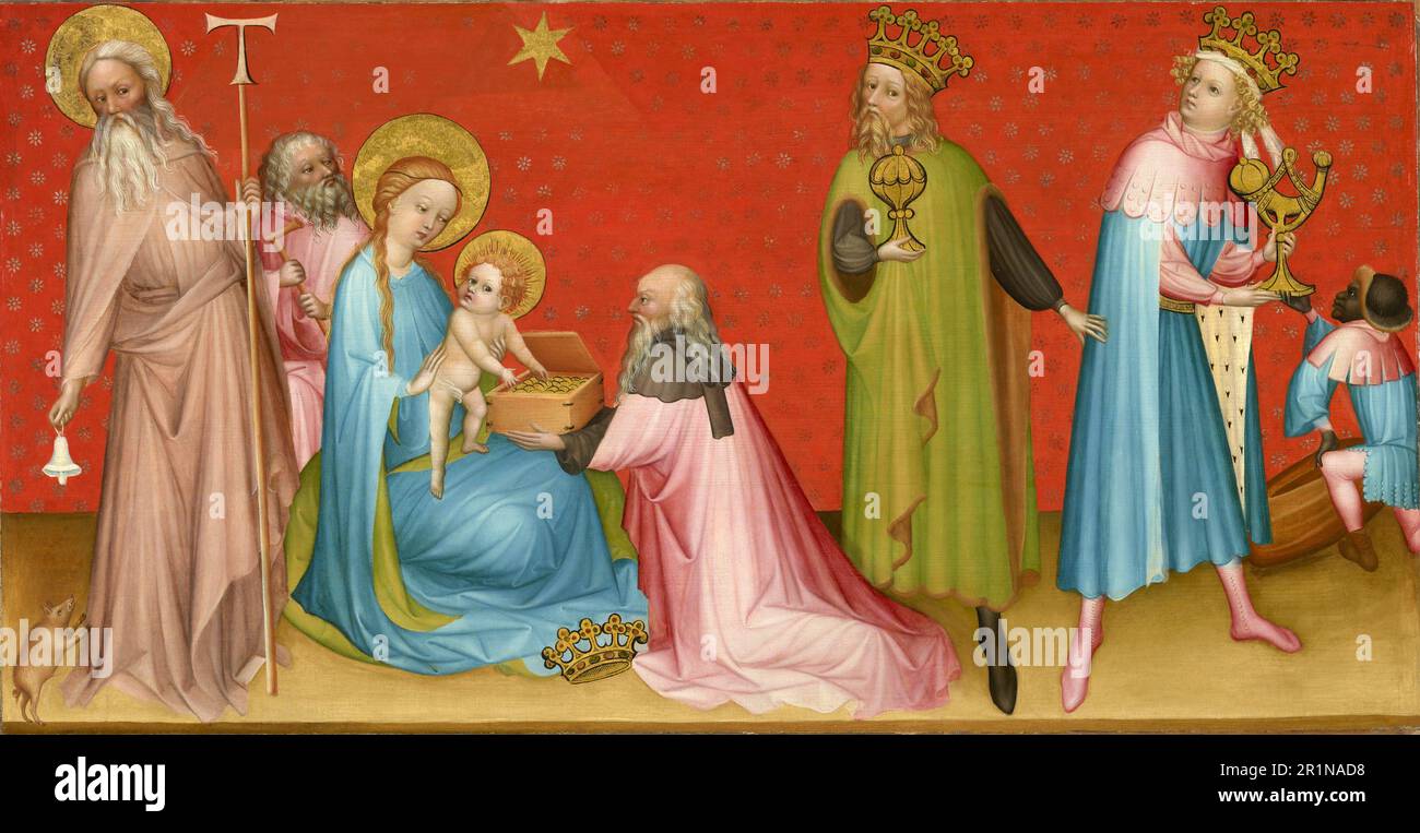 L'Adorazione dei Magi con San Anthony Abbot, riproduzione storica, restaurata digitalmente da un originale del 18th o 19th secolo. / Die Anbetung der Heiligen Drei Könige mit dem Heiligen Antonius Abbote, Historisch, digital restaurierte Reproduktion von einer Vorlage aus dem 18. oder 19. Jahrhundert Foto Stock