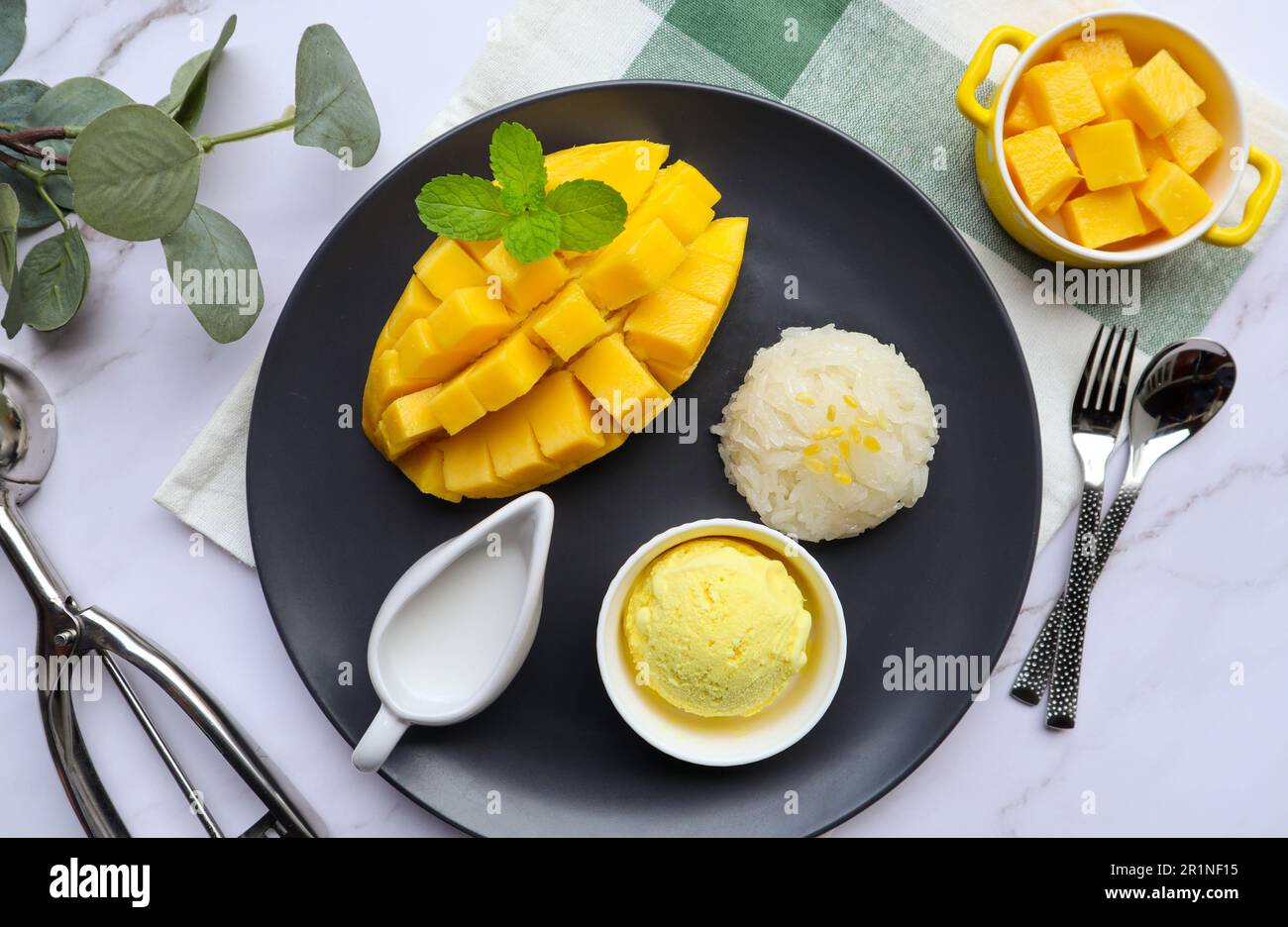 Gelato al mango con mango maturo e riso dolce appiccicoso sul lato - Vista dall'alto del dessert Foto Stock