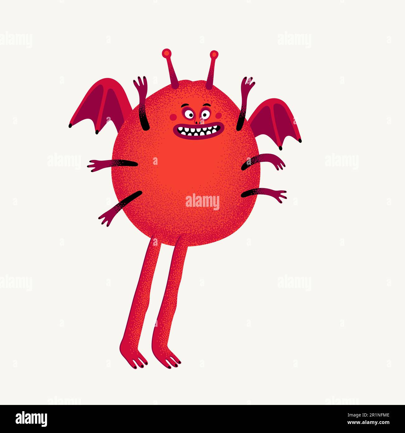 Simpatico mostro vettore cartoon. Personaggio mostro rosso con ali e texture a palpetto. Illustrazione disegnata a mano in uno stile moderno Vector audace. Illustrazione Vettoriale