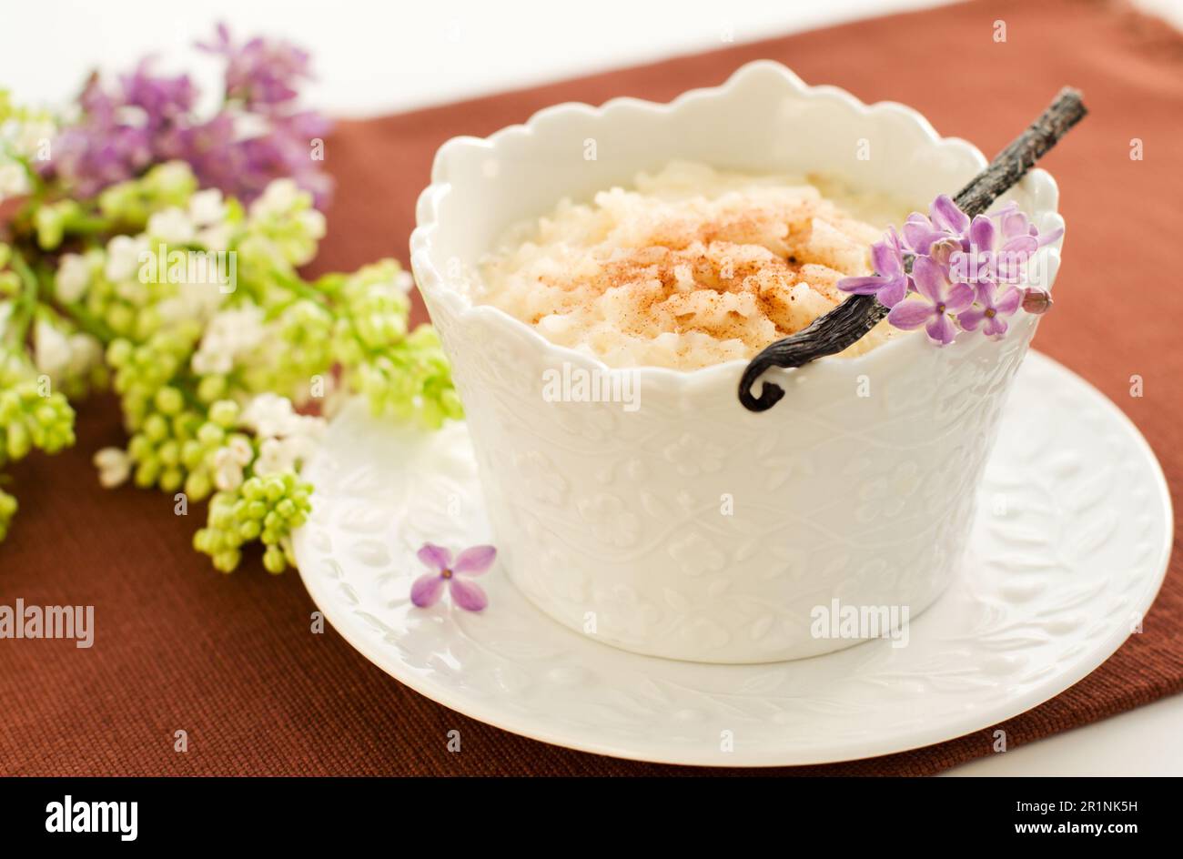 Budino di riso con vaniglia e cannella. Foto Stock