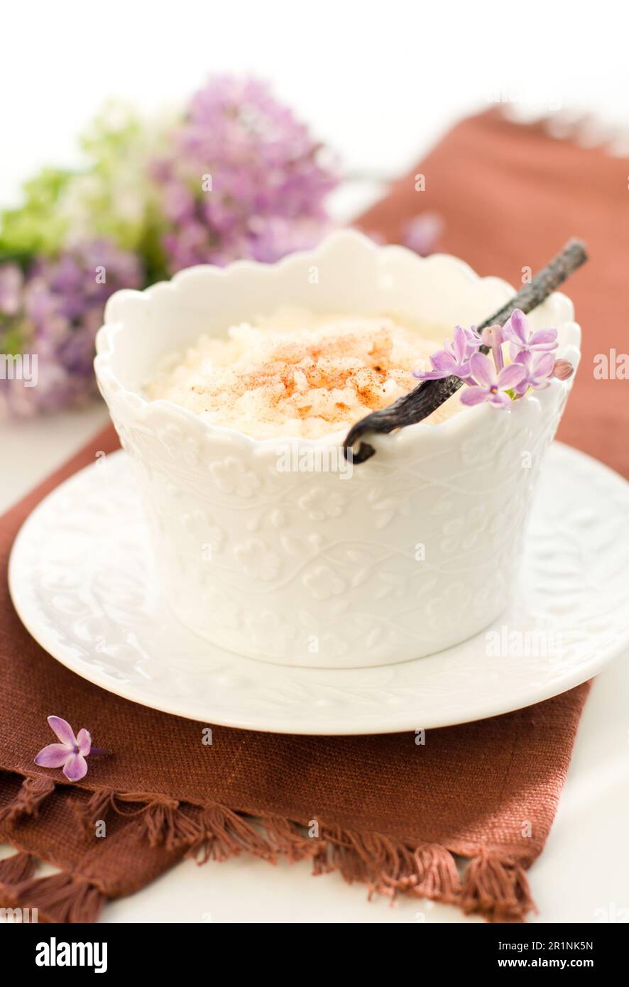 Budino di riso con vaniglia e cannella. Foto Stock