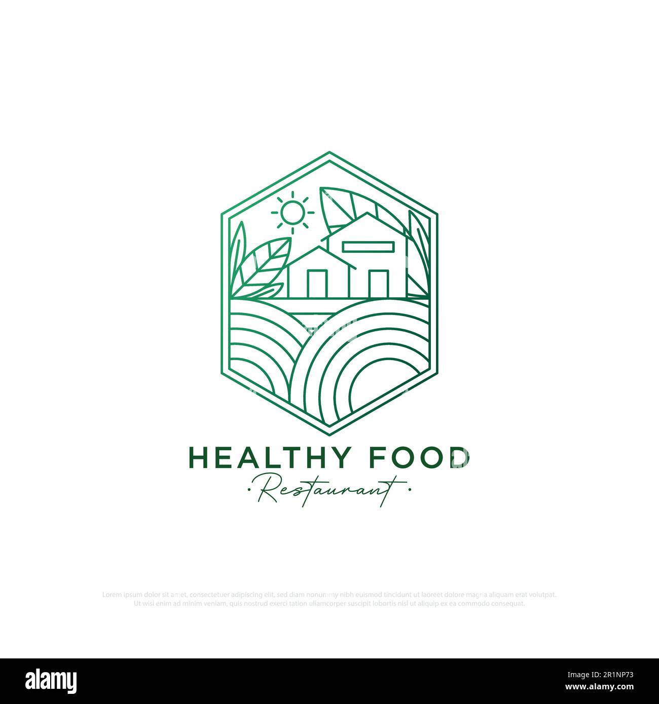 Organic Food Restaurant logo design con linea art style, un ristorante con un concetto rurale che fornisce cibo biologico tradizionale e bevande linea art Illustrazione Vettoriale