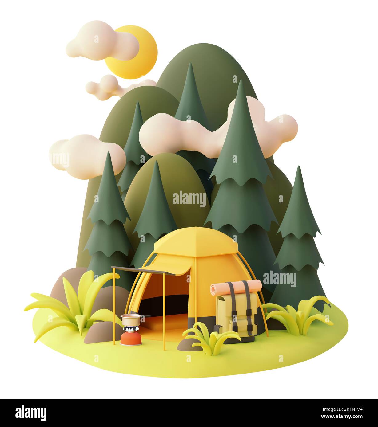Vettore campeggio tenda nella foresta. Campeggio, pini e montagne con nuvole. Stufa a gas o fornello, tenda, zaino. Cucina turistica Illustrazione Vettoriale