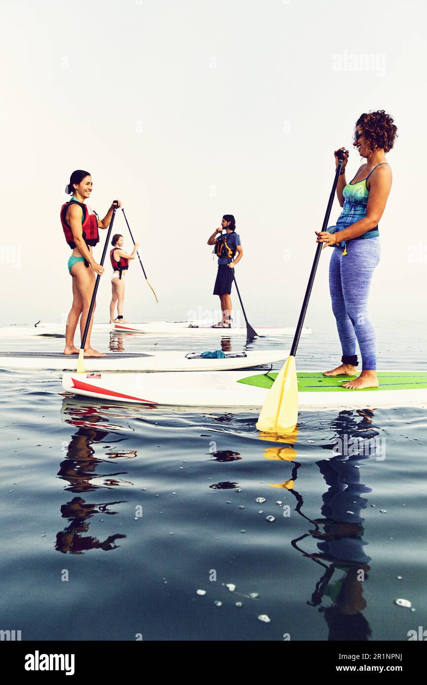Un gruppo di pagaianti in standup su una mattina nebbiosa all'alba Foto Stock