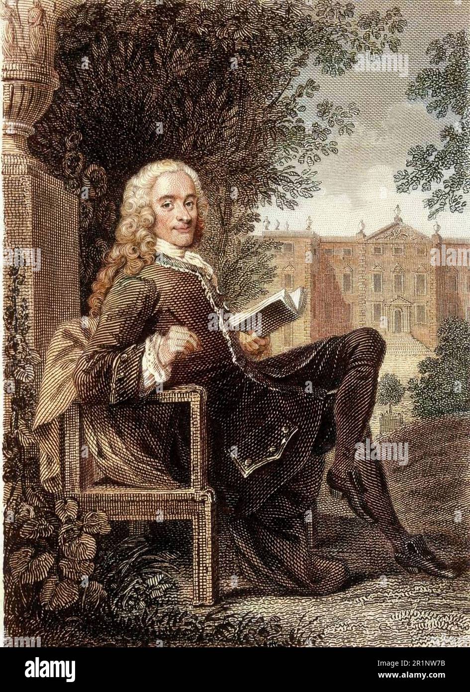 Voltaire lisant dans un parc - gravure du 19eme siecle Foto Stock