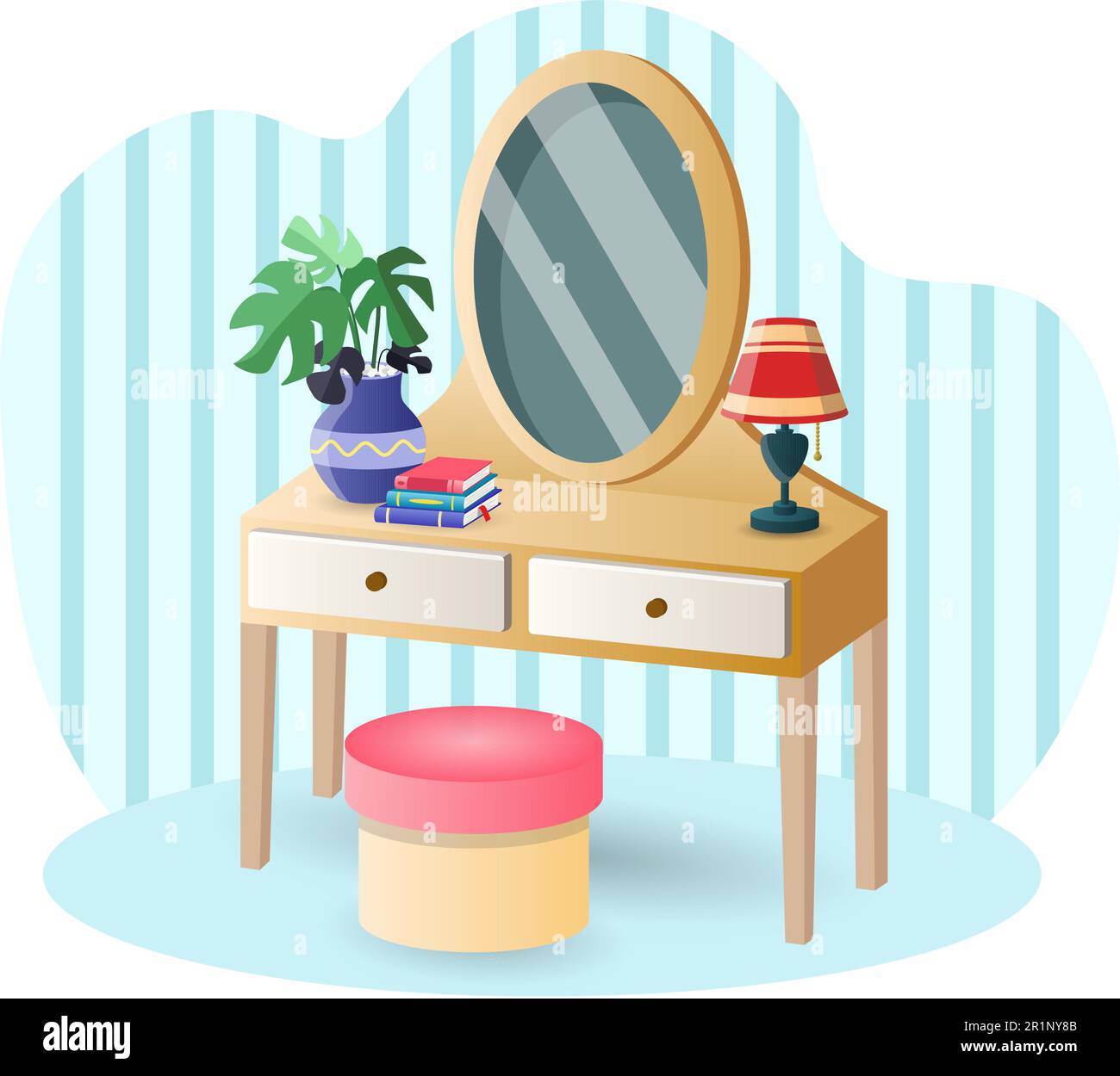 Illustrazione della tavola di medicazione. Specchio, fiore, lampada, libri, ottomana. Disegno grafico vettoriale modificabile. Illustrazione Vettoriale