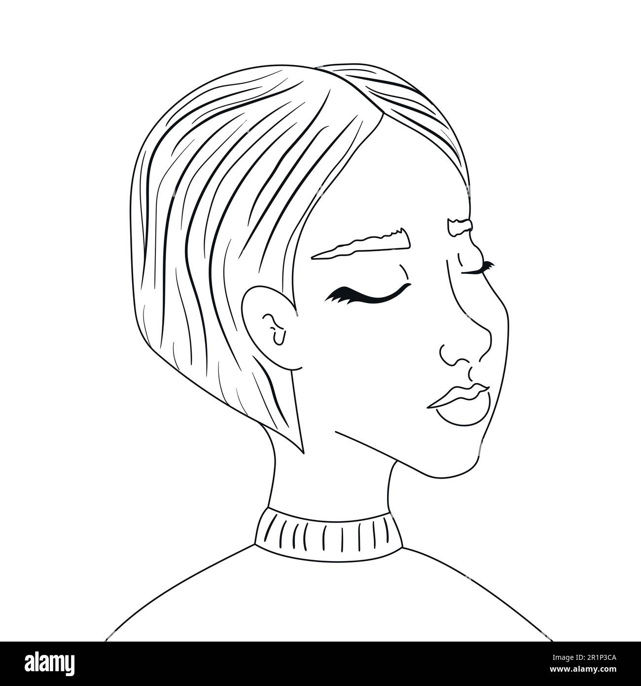 Ritratto disegnato a mano di una ragazza con occhi chiusi su sfondo bianco. Grafica vettoriale Illustrazione Vettoriale