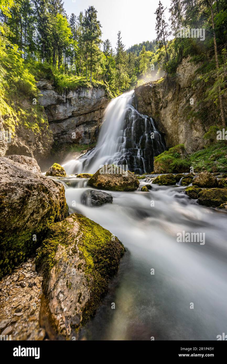 Cascate di Gollinger, cascate di Schwarzenbach sulla Schwarzbach, esposizione lunga, Tennengau, Salzburger Land, Austria Foto Stock