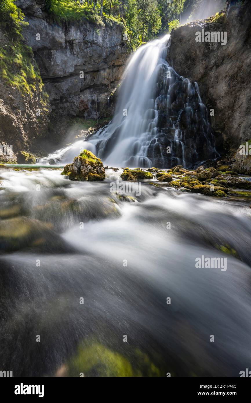 Cascate di Gollinger, cascate di Schwarzenbach sulla Schwarzbach, esposizione lunga, Tennengau, Salzburger Land, Austria Foto Stock