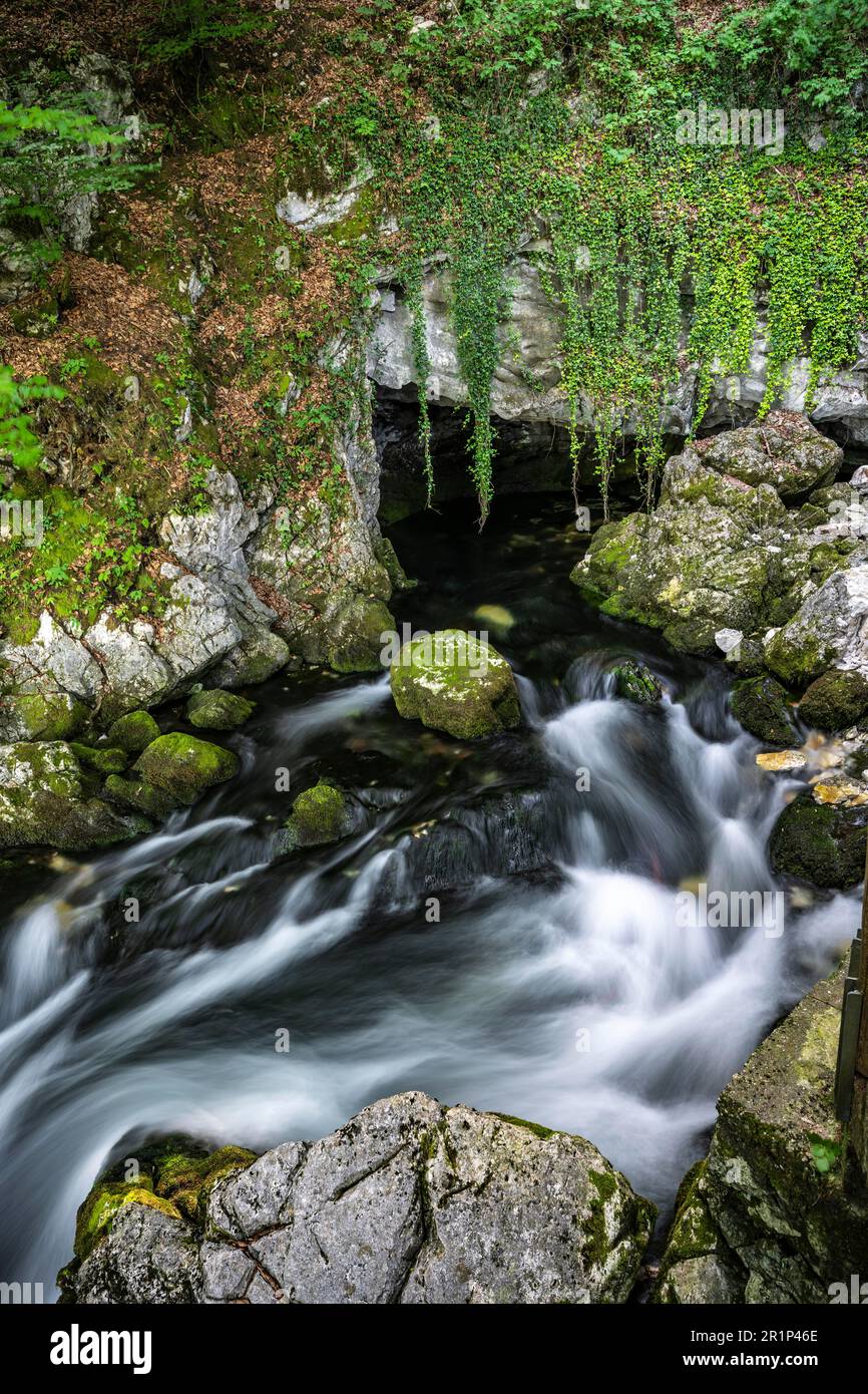 Cascate di Gollinger, cascate di Schwarzenbach sulla Schwarzbach, esposizione lunga, Tennengau, Salzburger Land, Austria Foto Stock