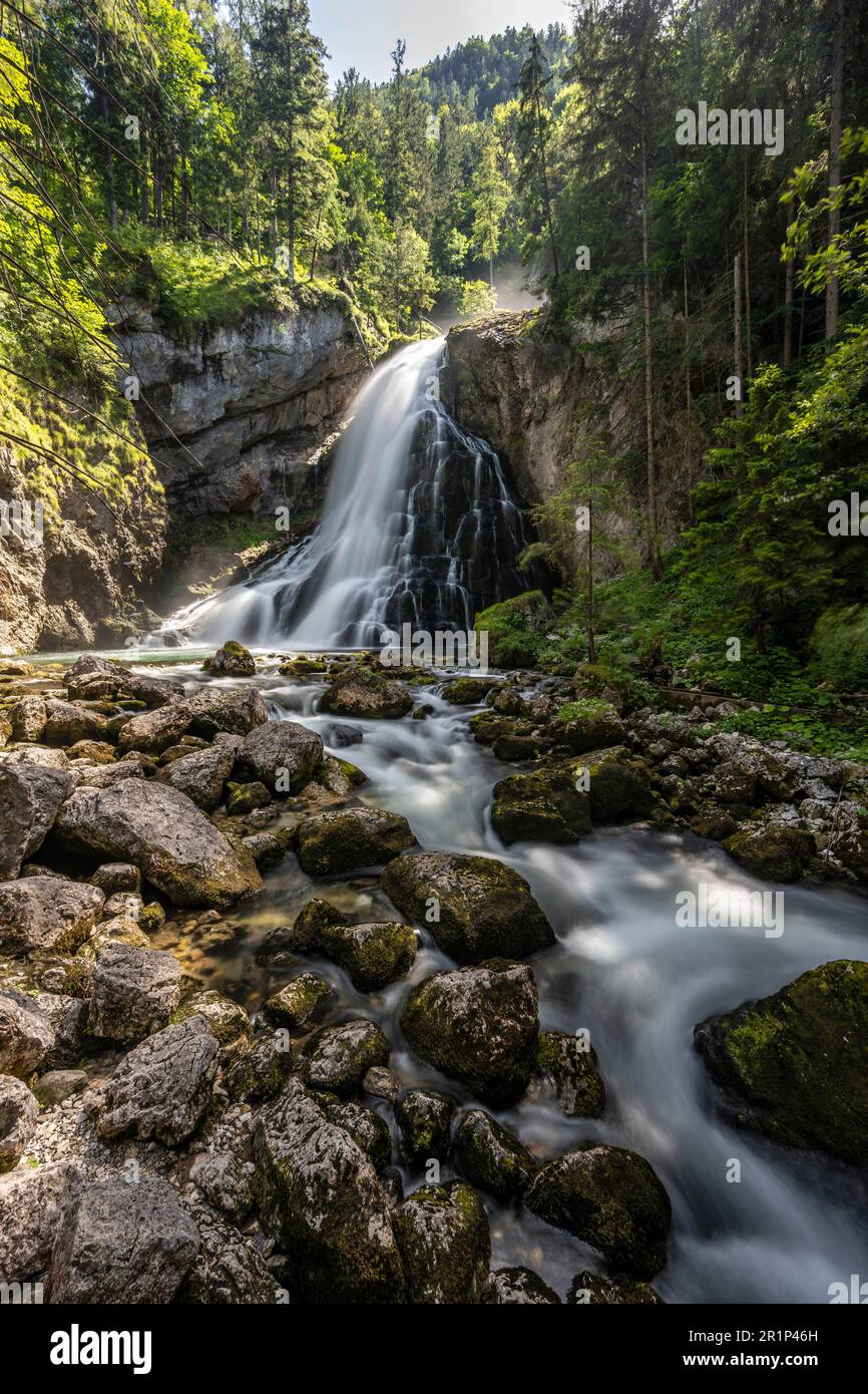 Cascate di Gollinger, cascate di Schwarzenbach sulla Schwarzbach, esposizione lunga, Tennengau, Salzburger Land, Austria Foto Stock