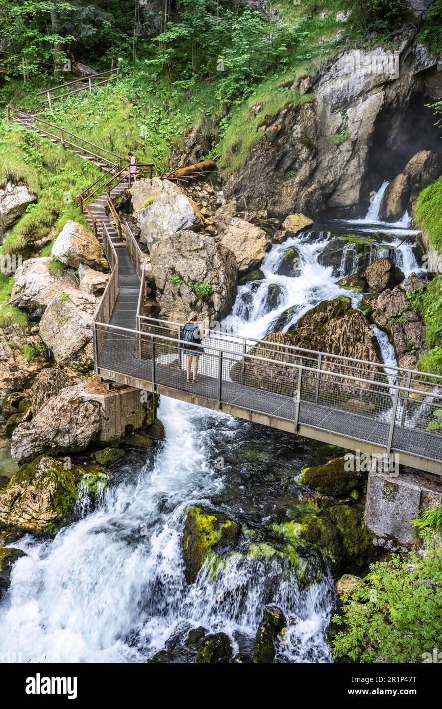 Cascate di Gollinger, cascate di Schwarzenbach sulla Schwarzbach, esposizione lunga, Tennengau, Salzburger Land, Austria Foto Stock