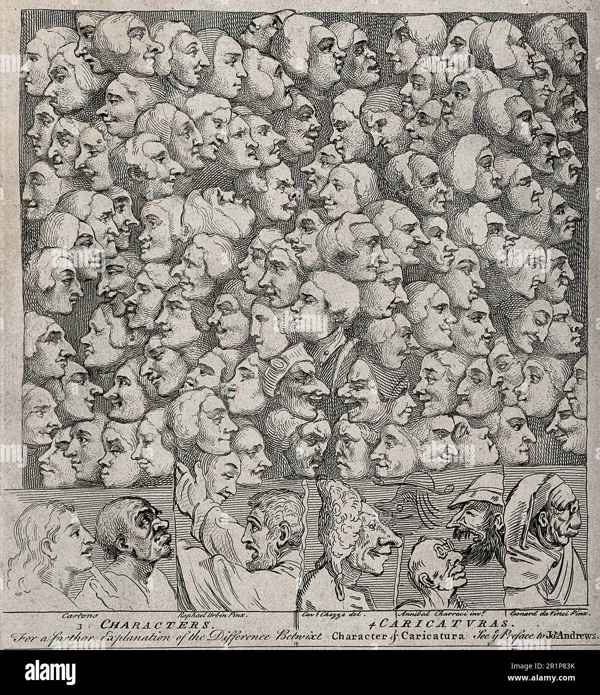 'Personaggi e caricature; le teste idealizzate di San Giovanni e San Paolo sono contrastate con teste grottesche, sopra di esse sorge una nuvola di volti con espressioni diverse, 1743, riproduzione storica, restaurata digitalmente da un originale del 19th ° secolo. / Charaktere und Karikaturen; die idealisierten Köpfe des Heiligen Johannes und des Heiligen Paulus werden mit grotesken Köpfen kontrastiert, über ihnen erhebt sich eine Wolke von Gesichtern mit unterschiedlichen Ausdrücken, 1743, Historiisch, digital restaurierte Reproduklage aus Vordem 19. Jahrhundert' Foto Stock